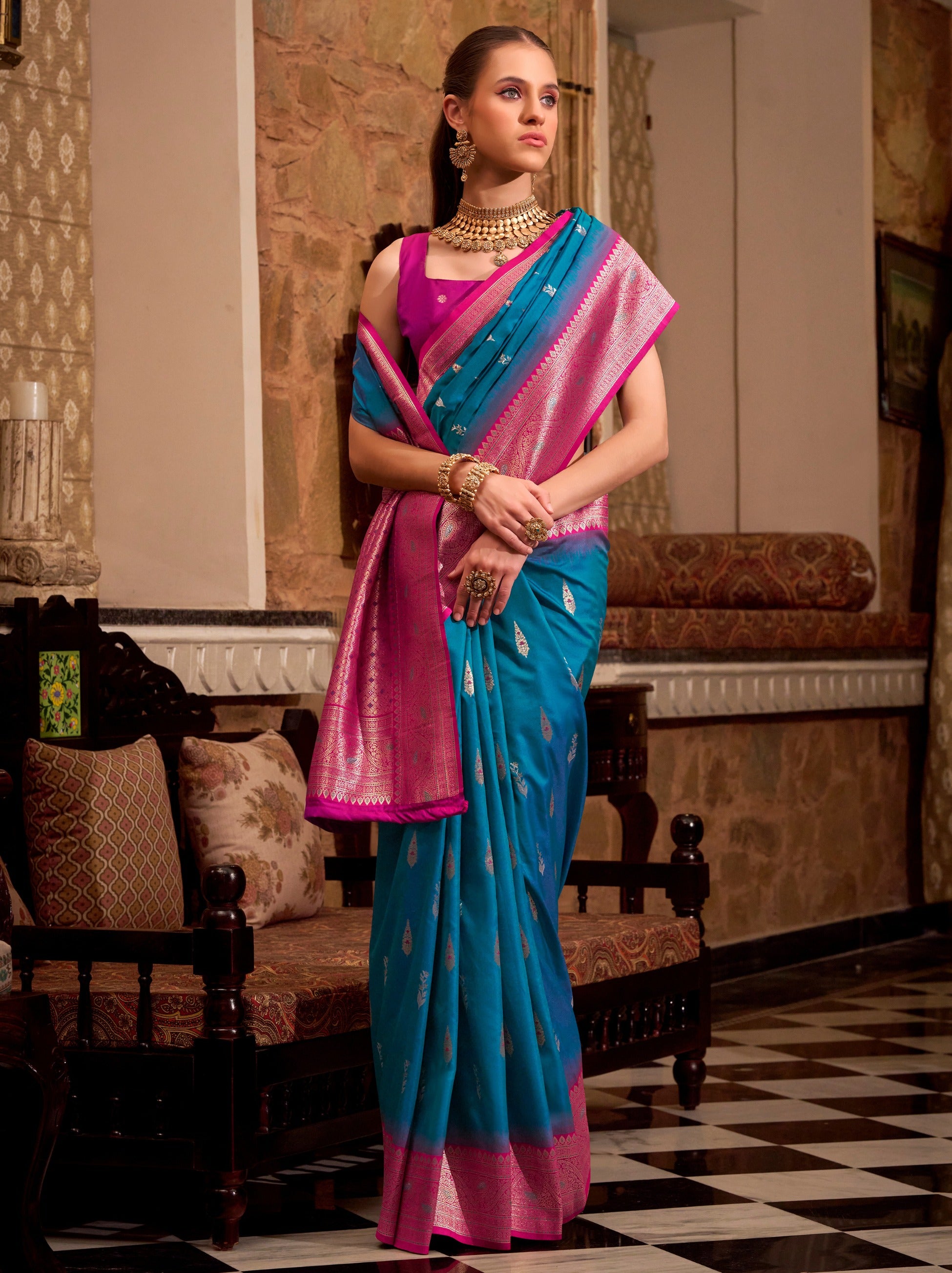Sapphire Blue Premium Festive Silk Saree With Unstitched Blouse