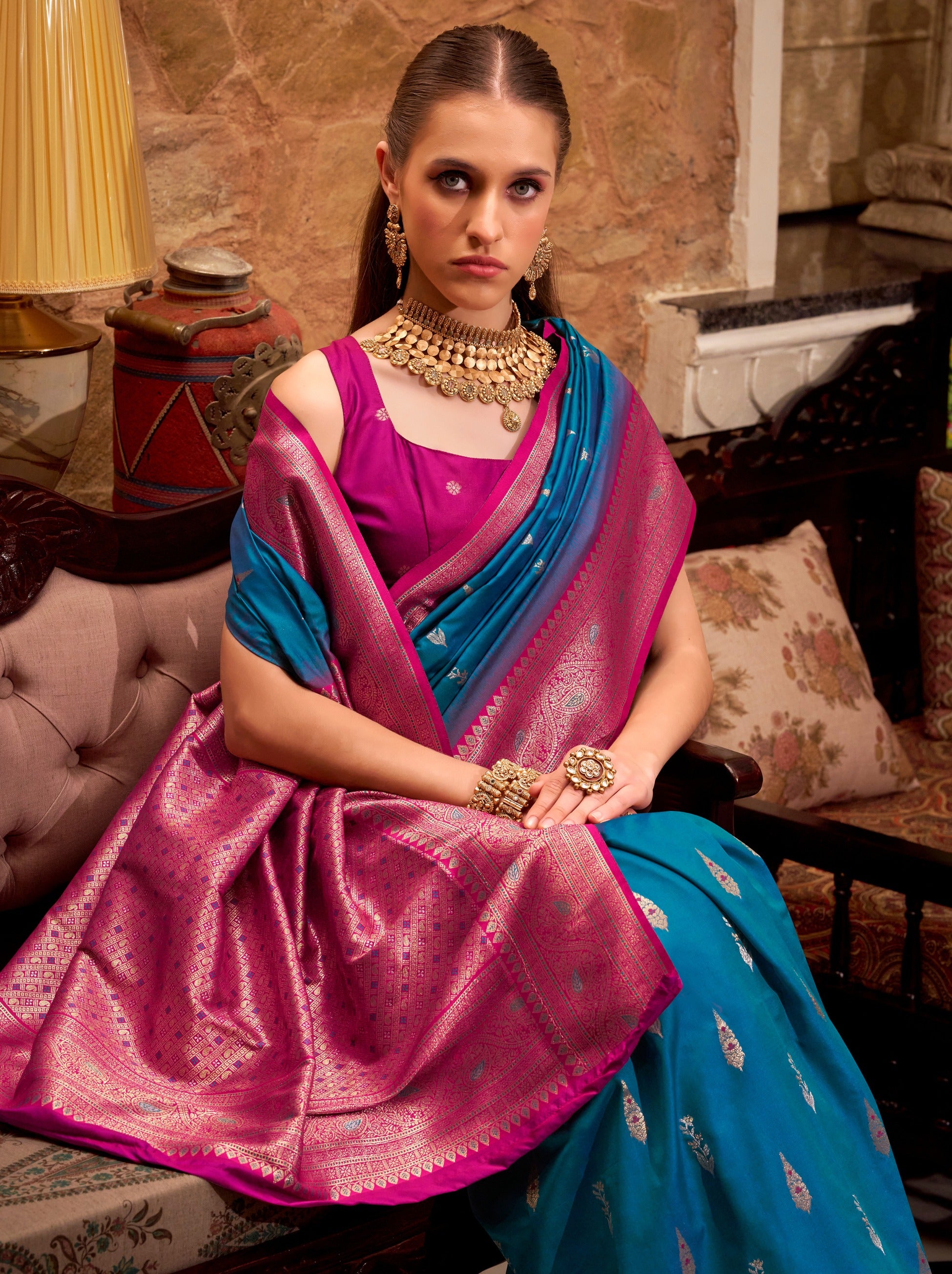 Sapphire Blue Premium Festive Silk Saree With Unstitched Blouse - TrendOye