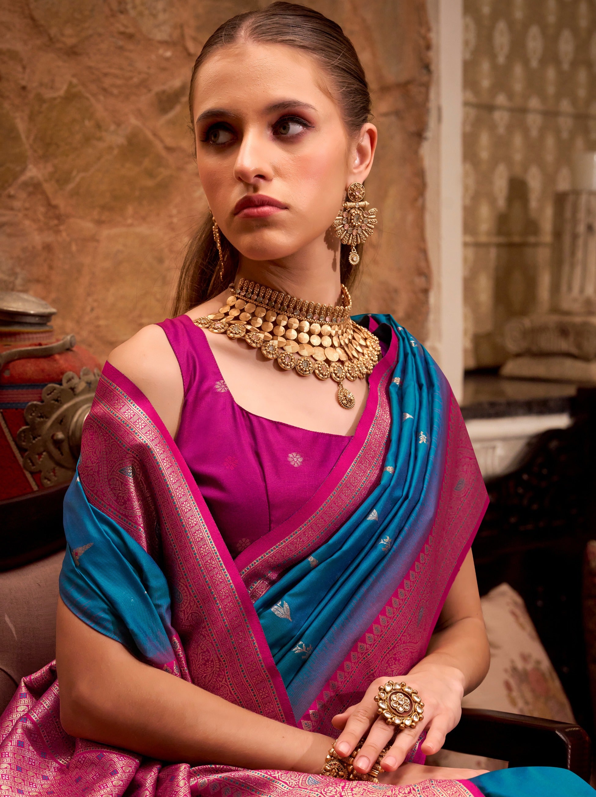 Sapphire Blue Premium Festive Silk Saree With Unstitched Blouse - TrendOye