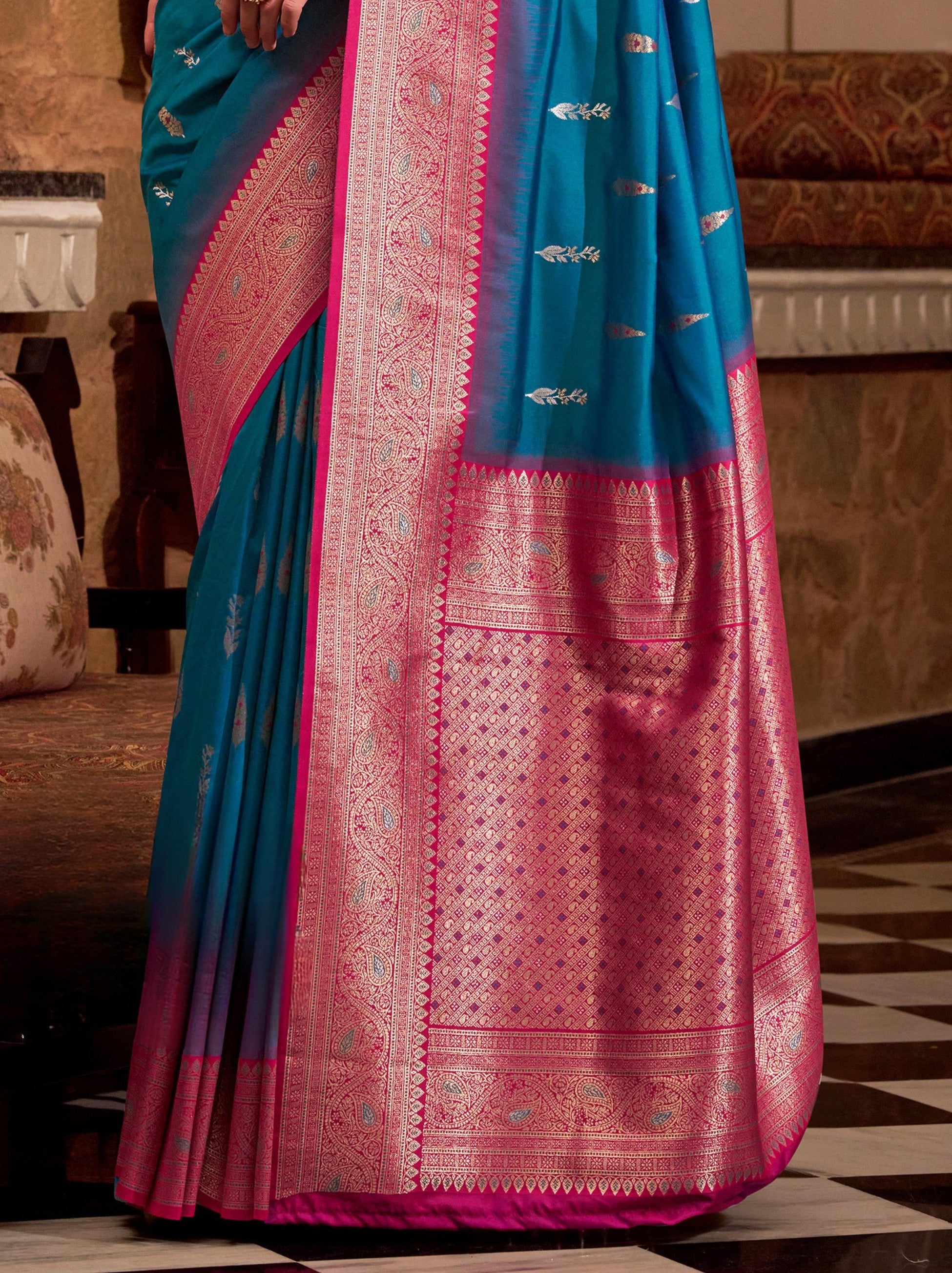 Sapphire Blue Premium Festive Silk Saree With Unstitched Blouse - TrendOye