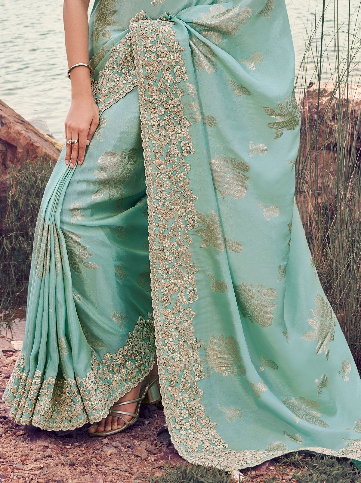Powder Blue Premium Tissue Silk Saree With Blouse Piece