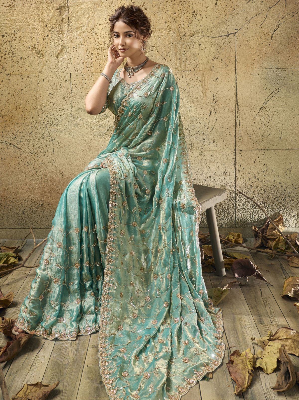 Teal Blue Premium Velvet Satin Saree With Sequin & Zari Work