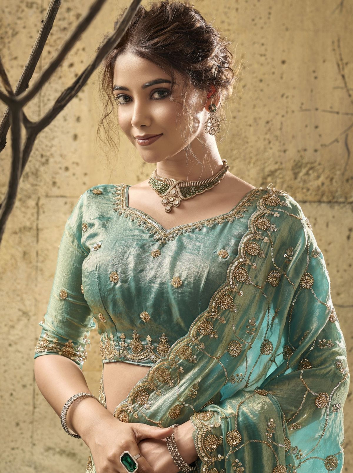Teal Blue Premium Velvet Satin Saree With Sequin & Zari Work