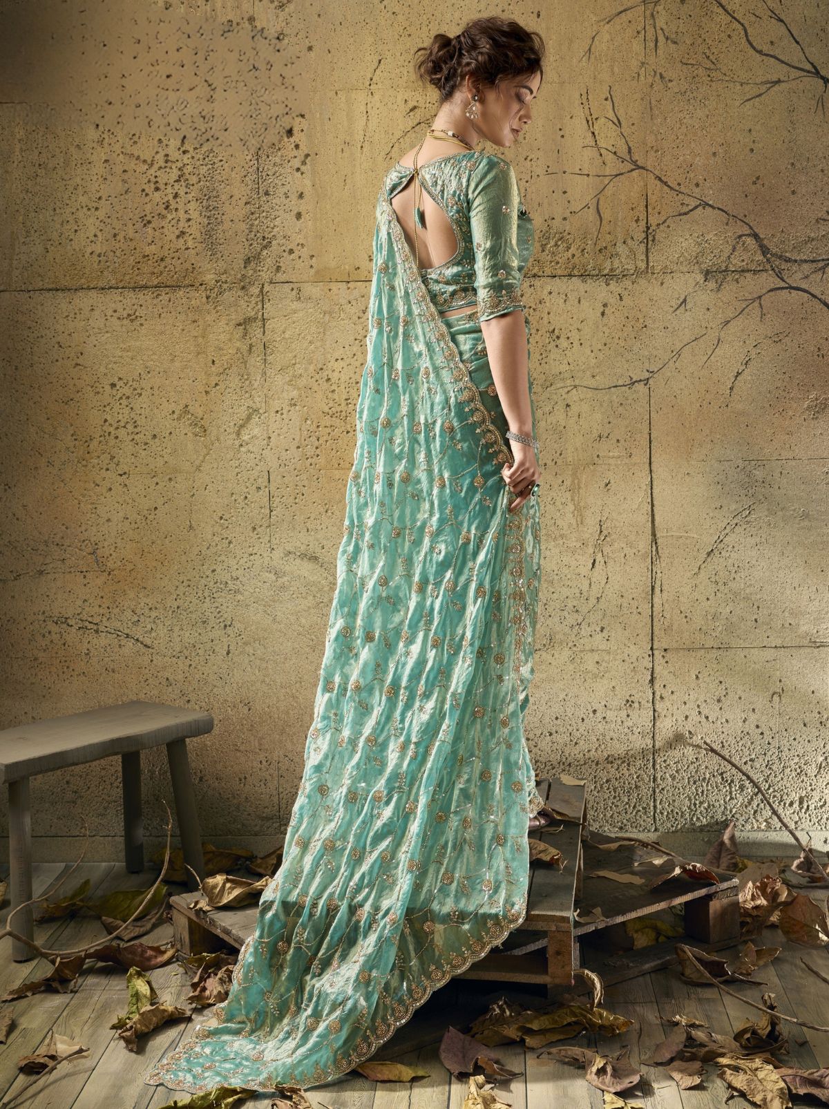 Teal Blue Premium Velvet Satin Saree With Sequin & Zari Work