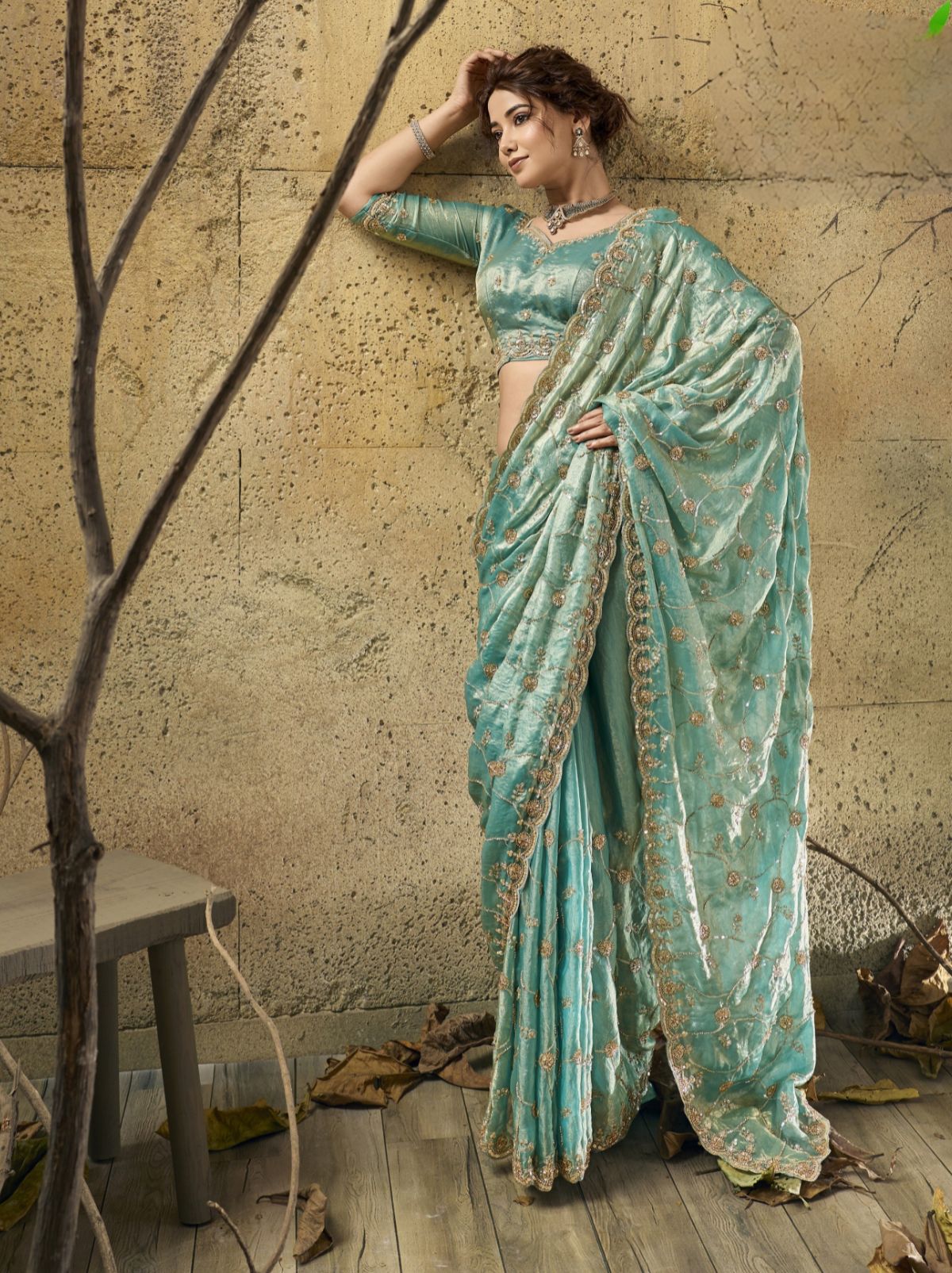 Teal Blue Premium Velvet Satin Saree With Sequin & Zari Work
