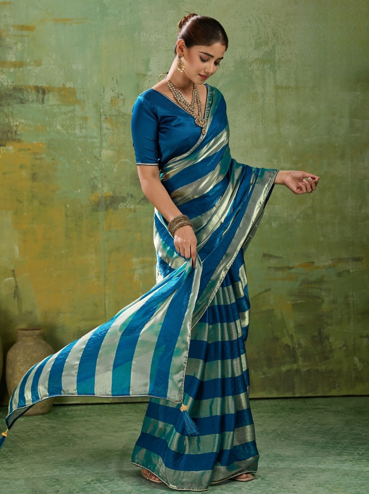 Sapphire Blue Premium Velvet Satin Saree With Tassel Work
