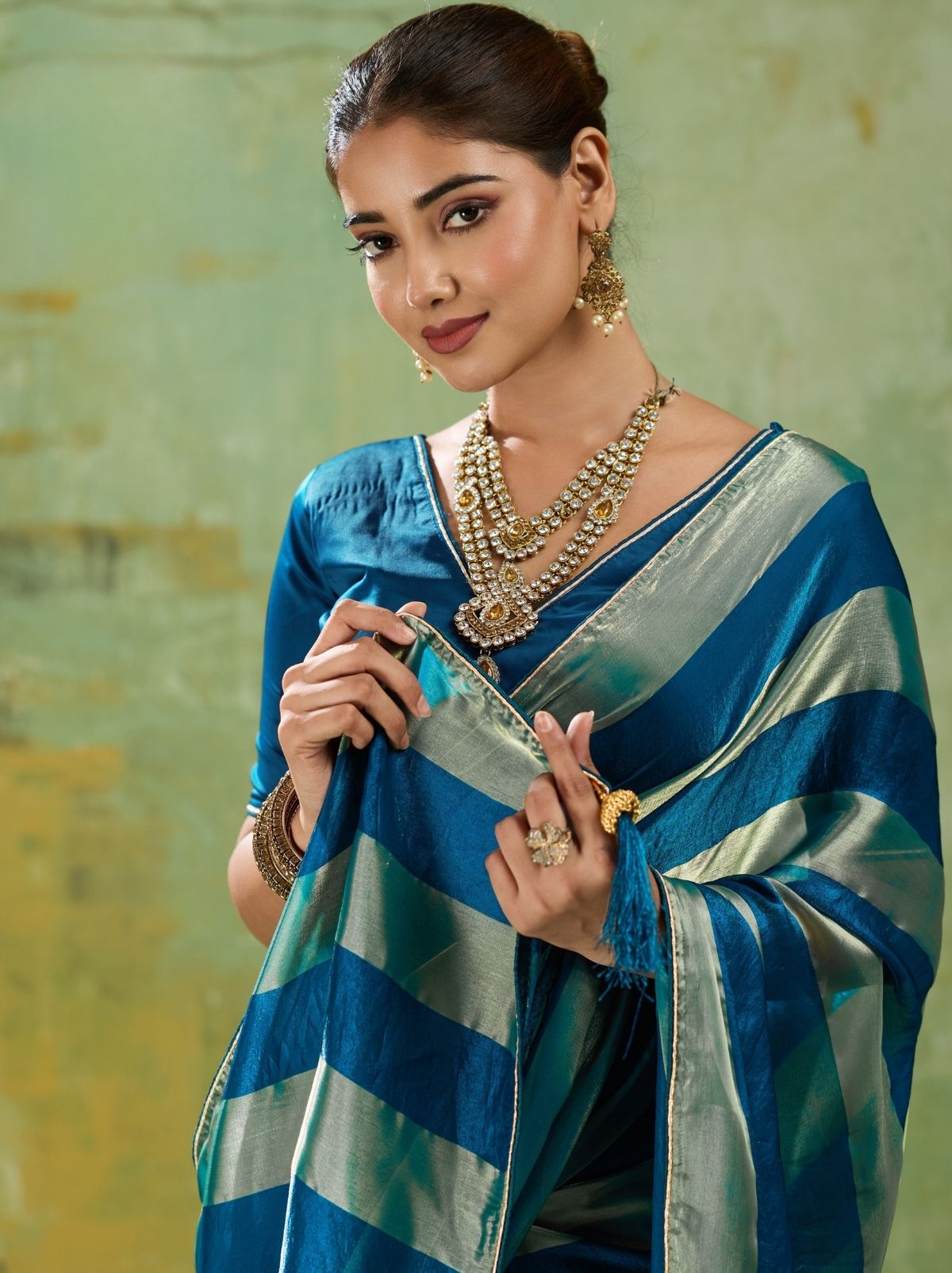 Sapphire Blue Premium Velvet Satin Saree With Tassel Work