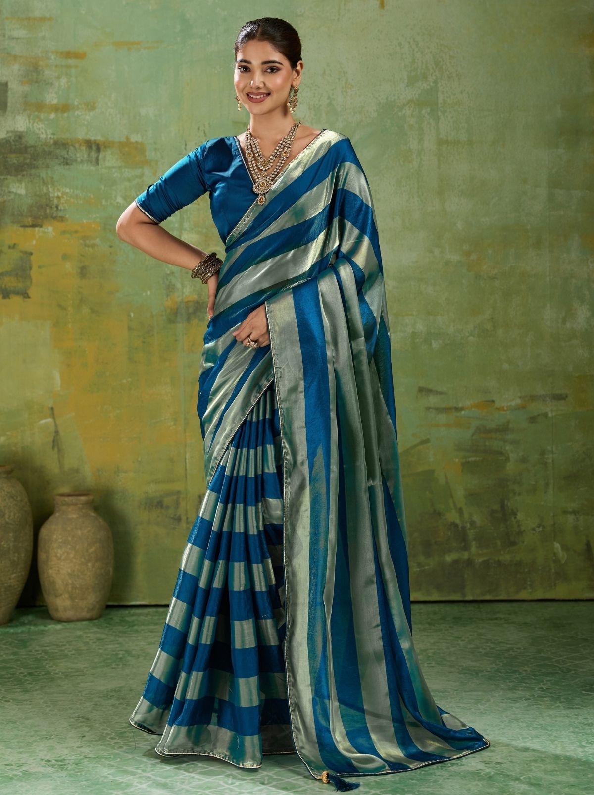 Sapphire Blue Premium Velvet Satin Saree With Tassel Work