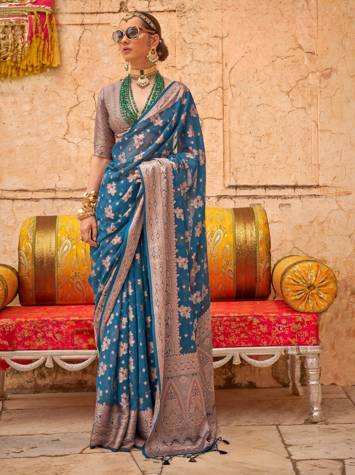 Yale Blue Festive Party Saree - TrendOye