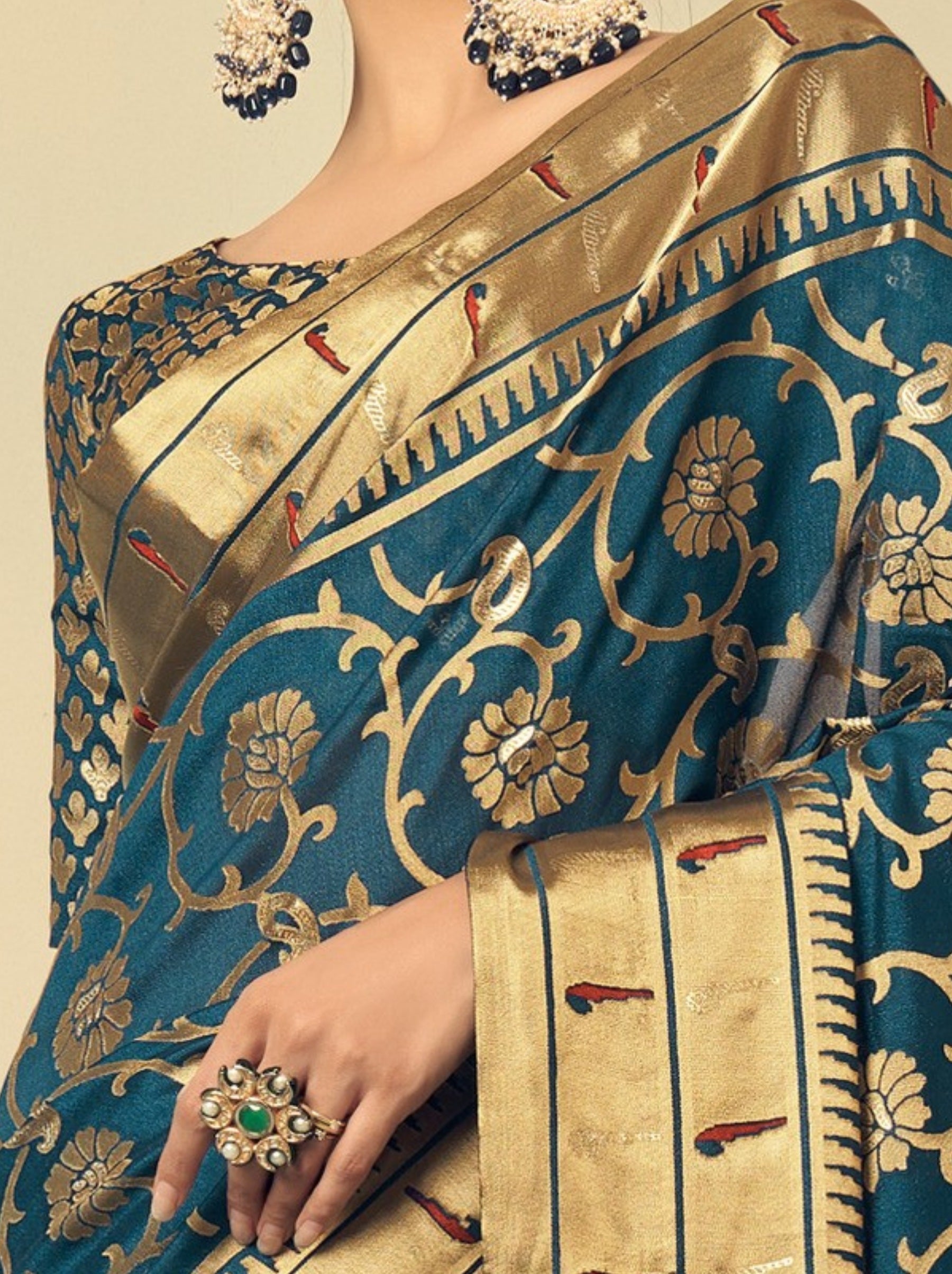 Prussian Blue Premium Georgette Festive Designer Saree With Blouse Piece - TrendOye