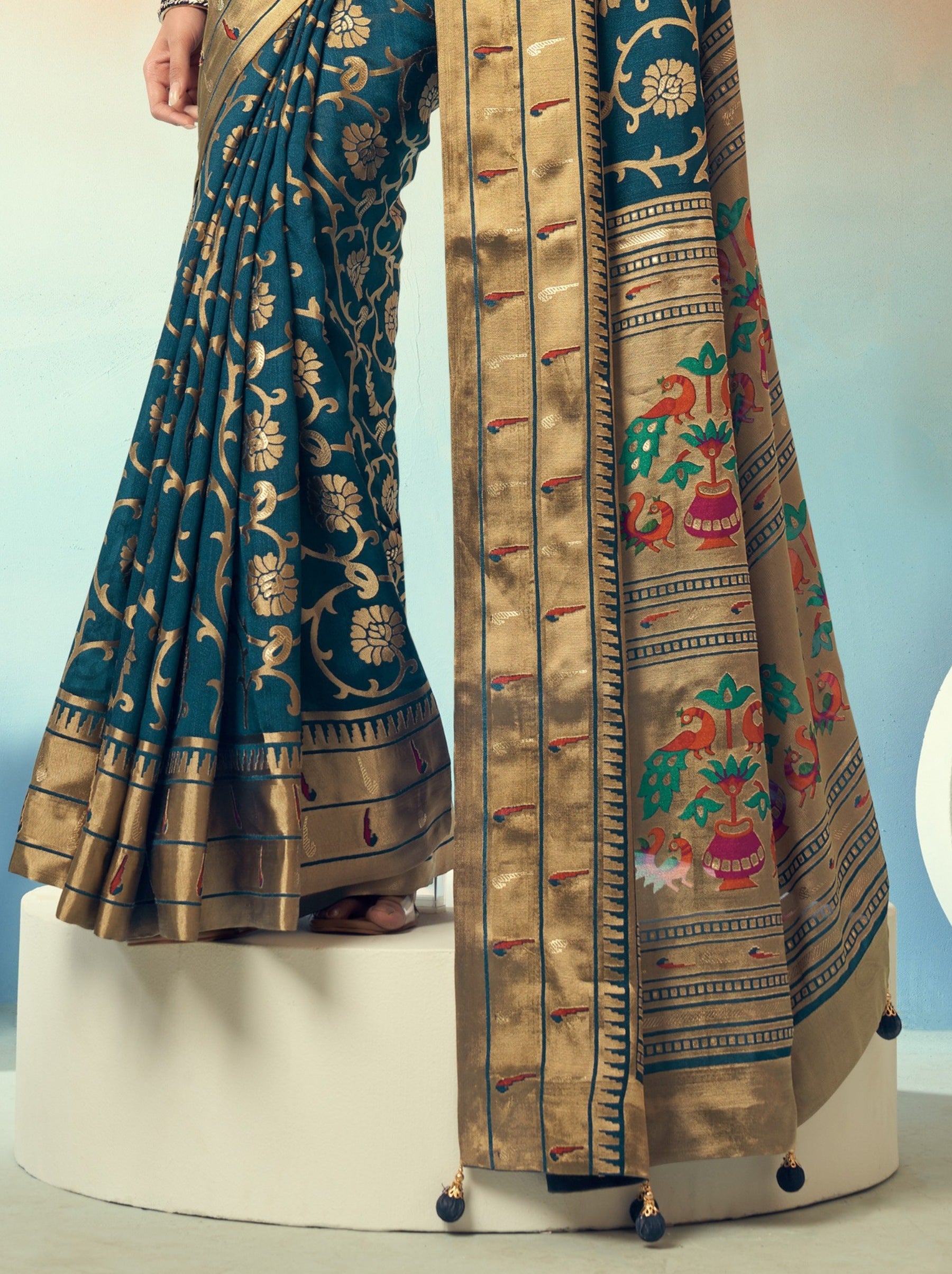 Prussian Blue Premium Georgette Festive Designer Saree With Blouse Piece - TrendOye