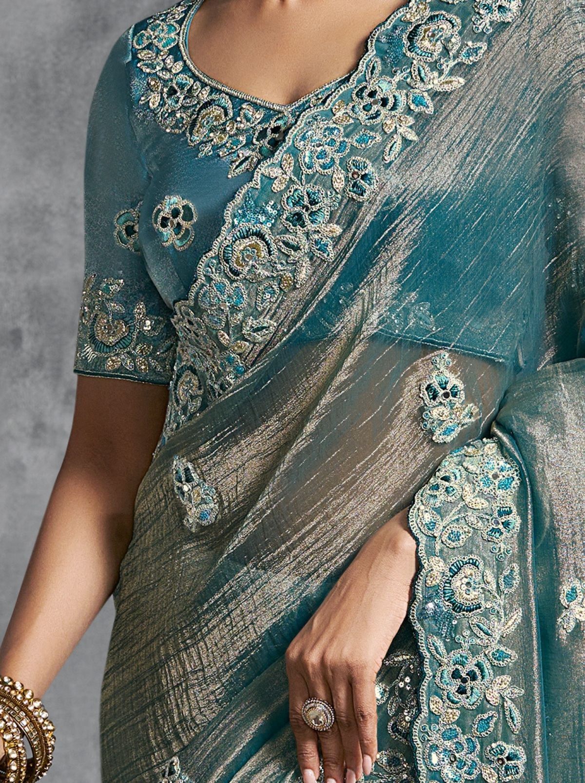Cornflower Blue Premium Zari Tissue Silk Saree With Blouse Piece