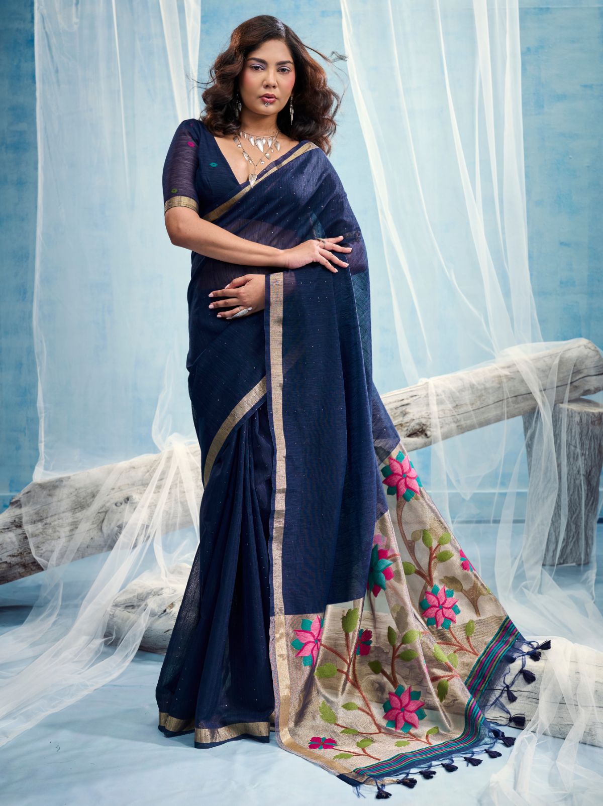 Space Blue Pure Munga Silk Ethnic Saree With Floral Work