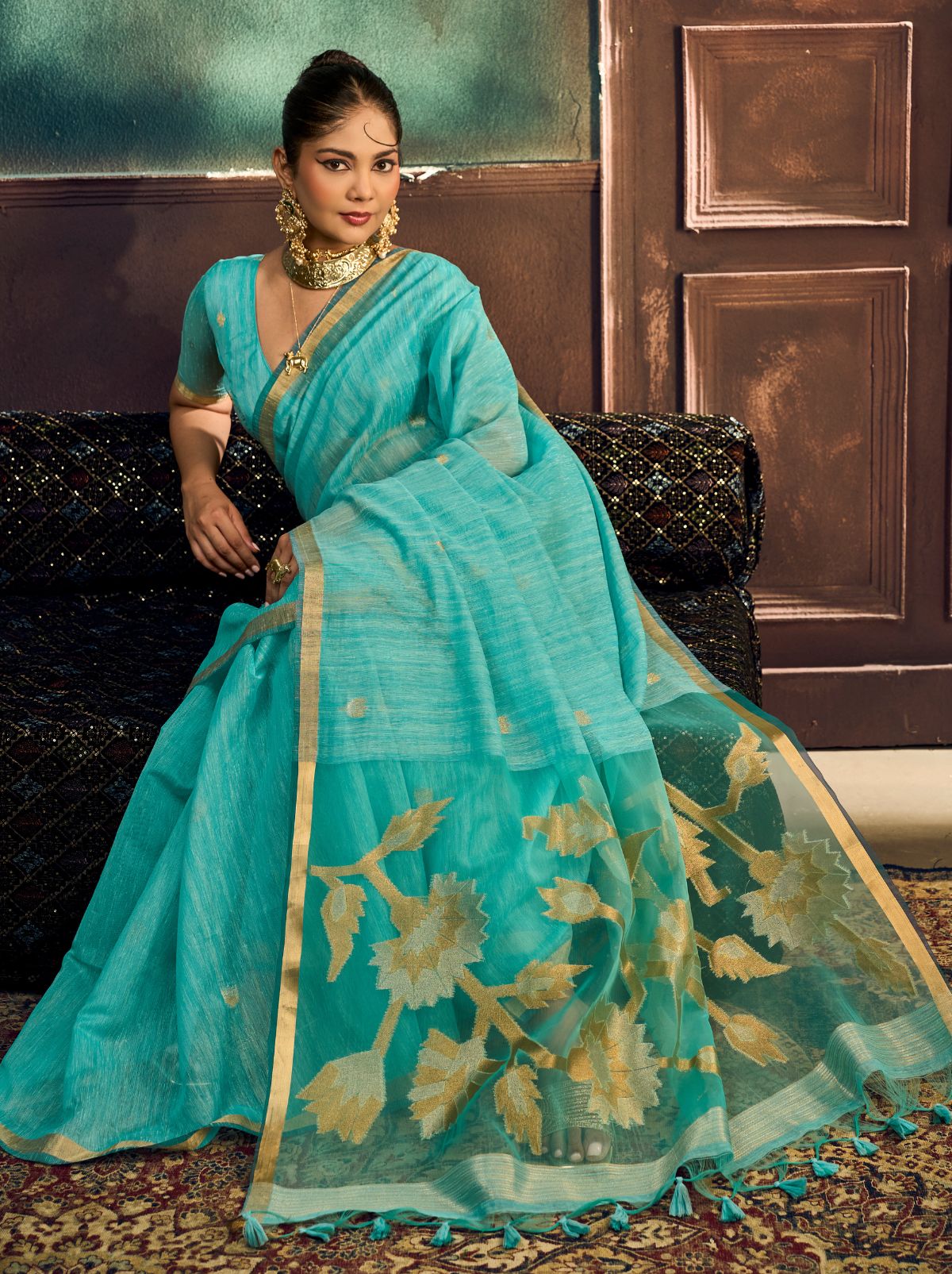 Aqua Blue Pure Munga Silk Traditional Handloom Saree