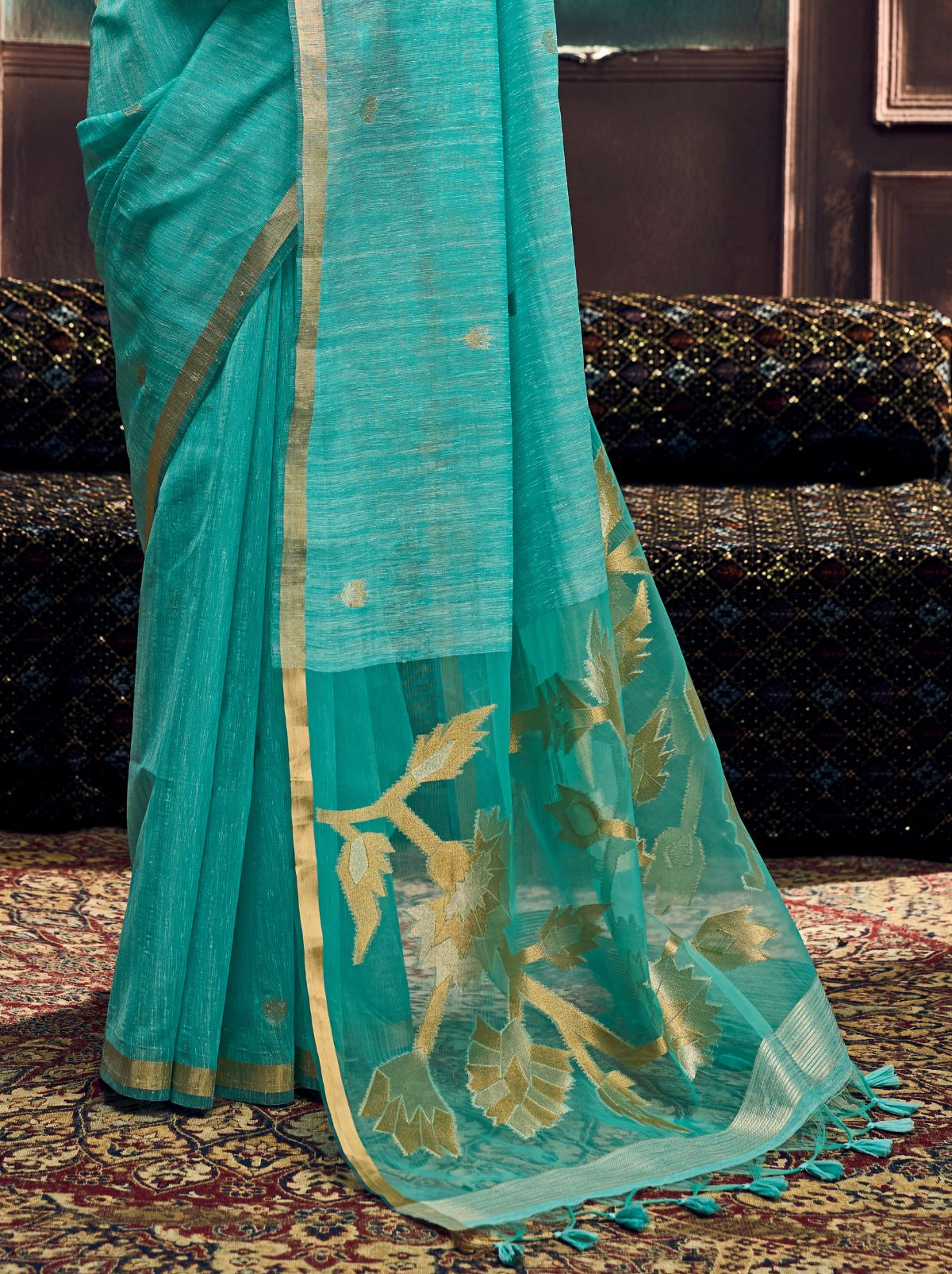 Aqua Blue Pure Munga Silk Traditional Handloom Saree