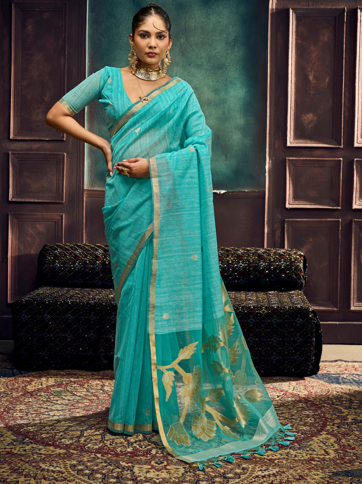 Aqua Blue Pure Munga Silk Traditional Handloom Saree