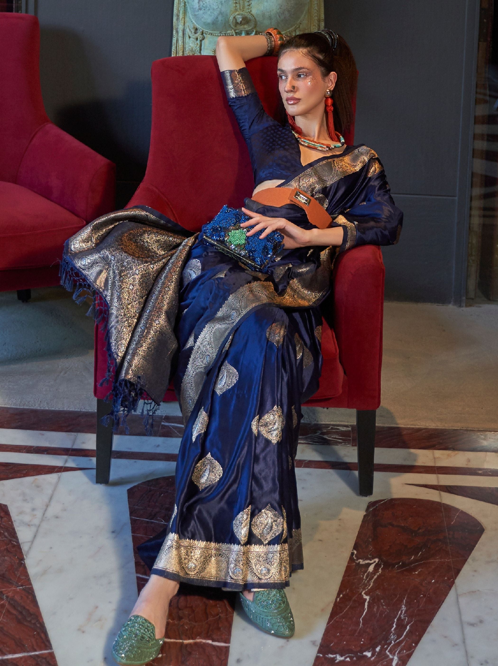 Denim Blue Pure Satin Silk Saree - TrendOye