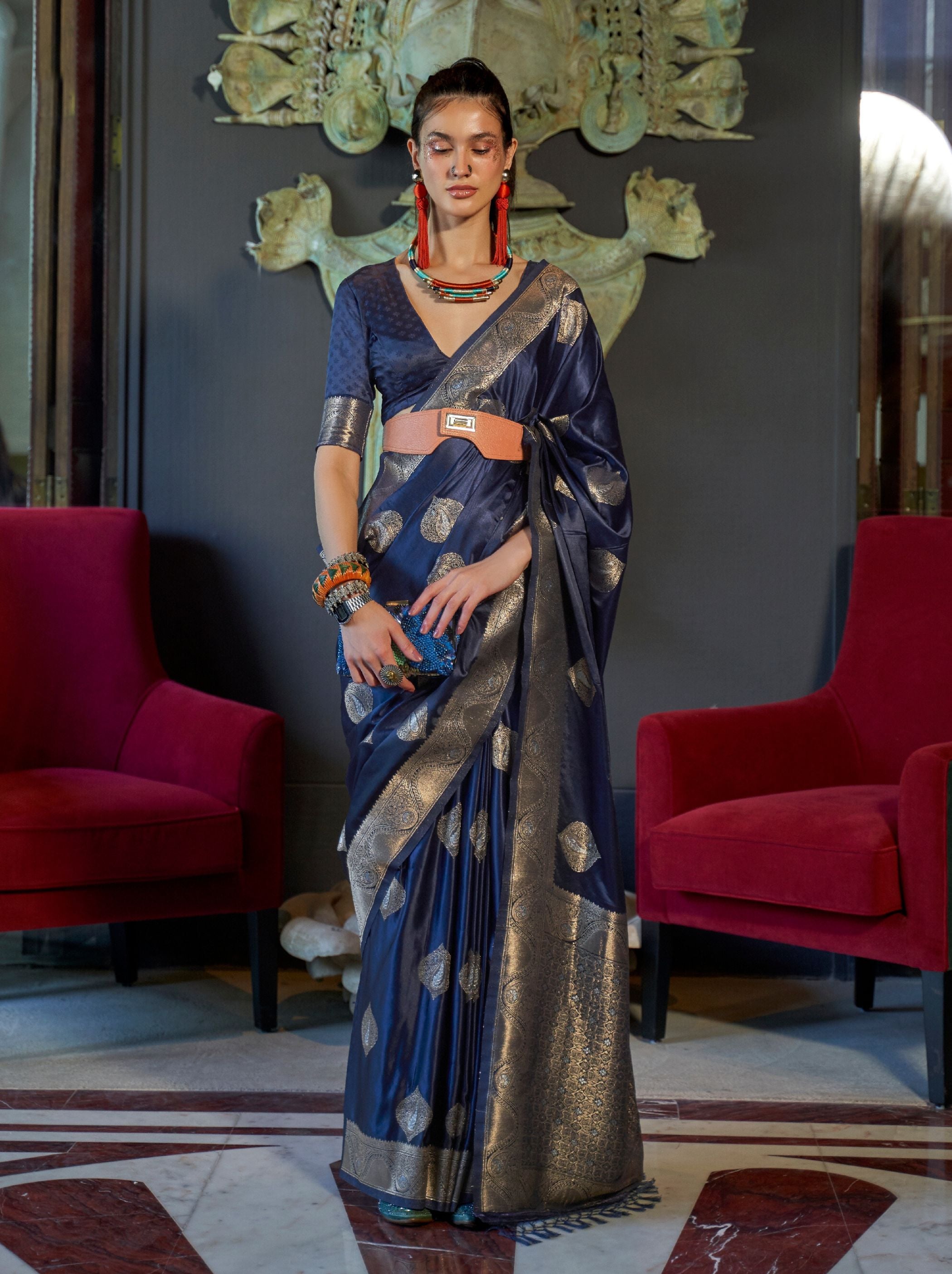 Denim Blue Pure Satin Silk Saree - TrendOye
