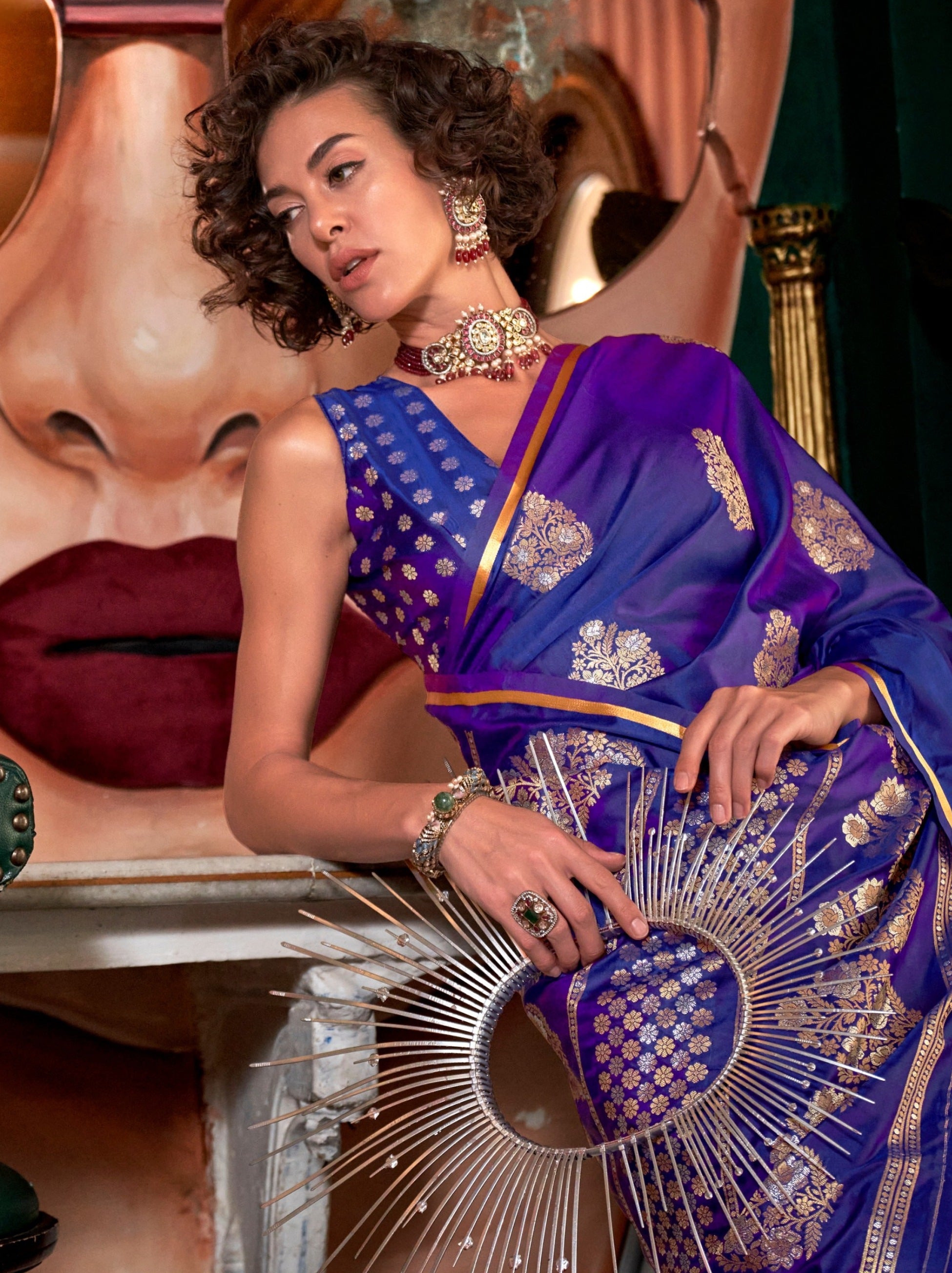 Cobalt Blue Ethnic Designer Satin Saree With Floral Motifs - TrendOye