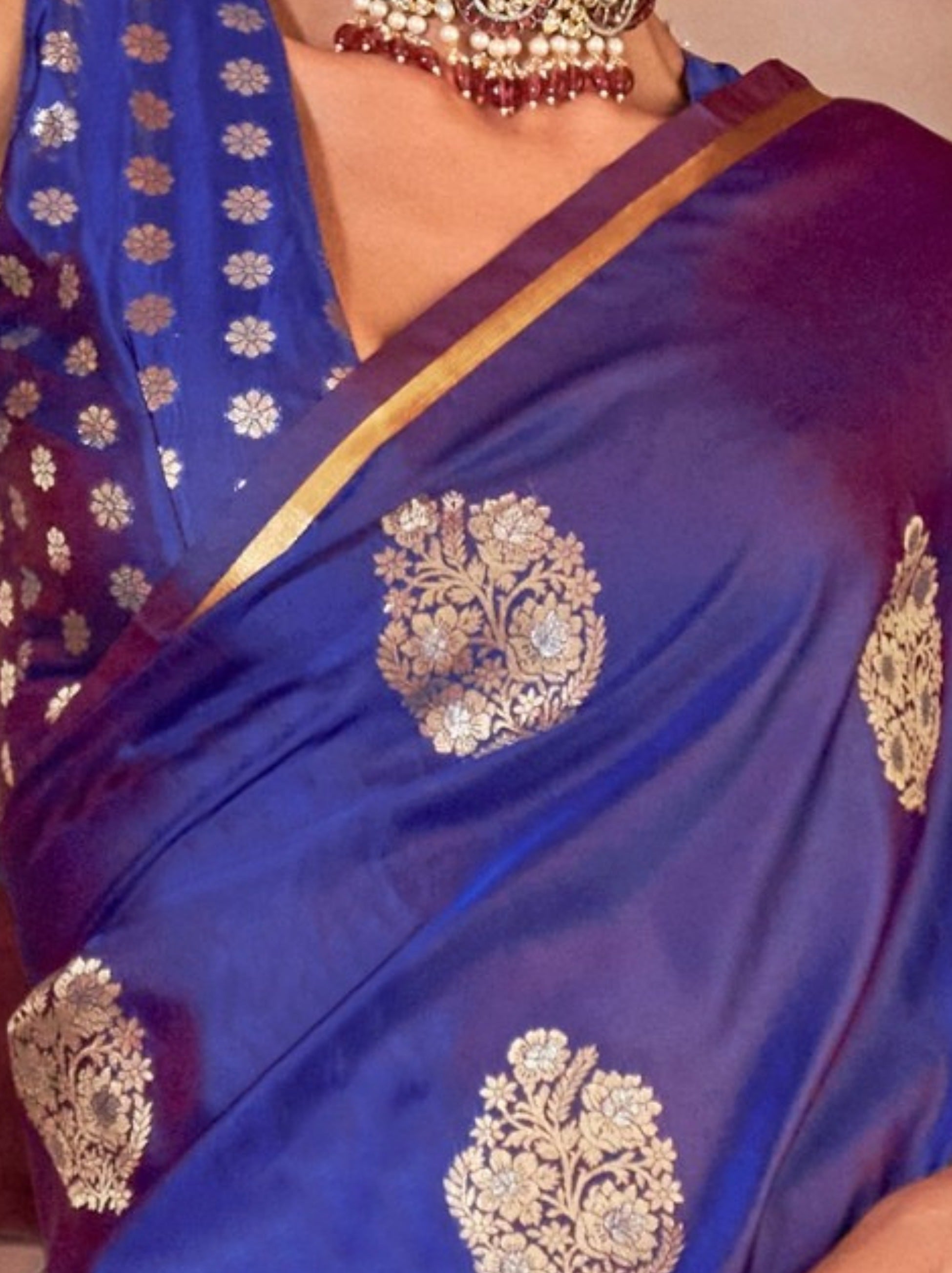Cobalt Blue Ethnic Designer Satin Saree With Floral Motifs - TrendOye