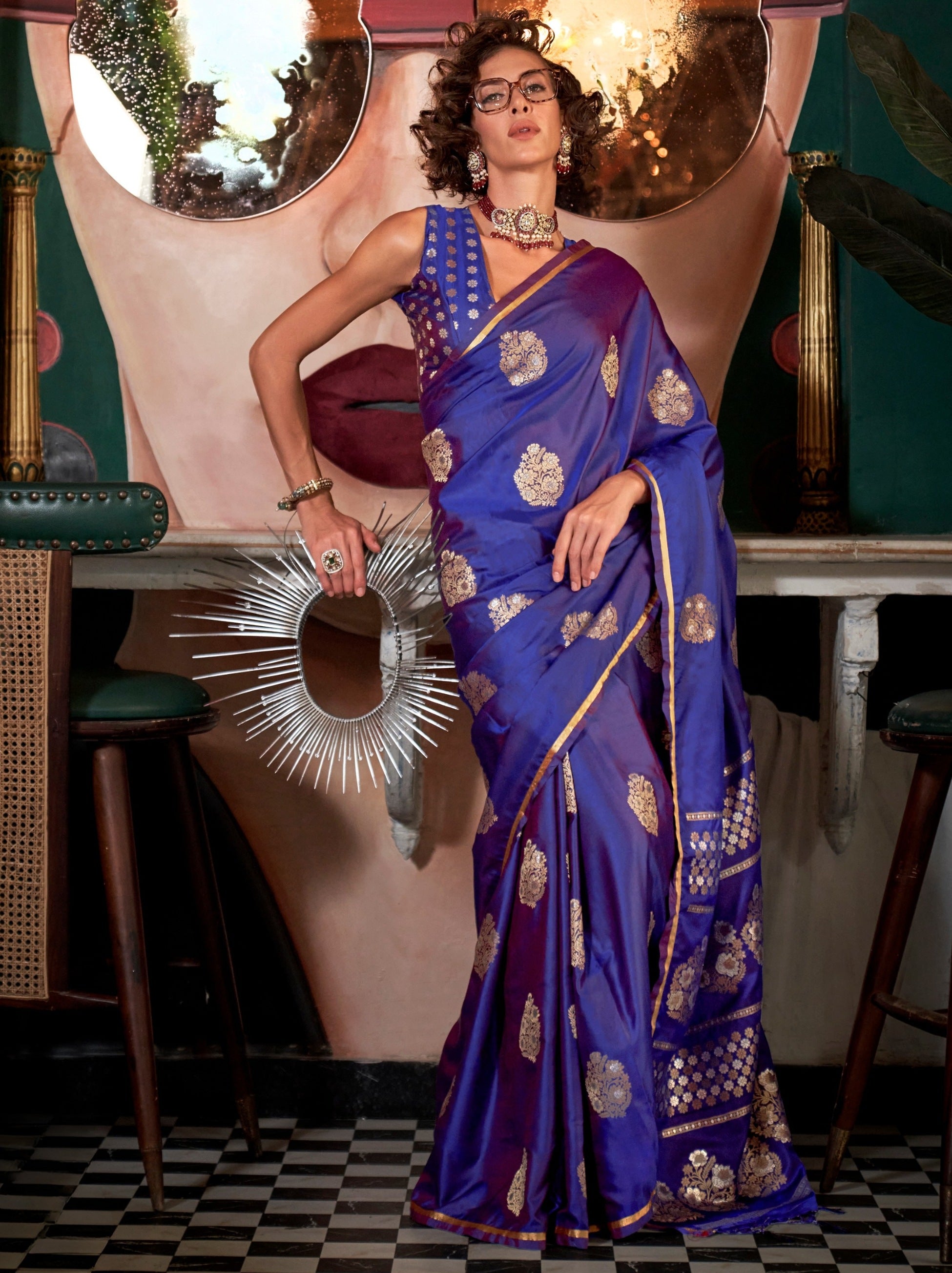 Cobalt Blue Ethnic Designer Satin Saree With Floral Motifs - TrendOye