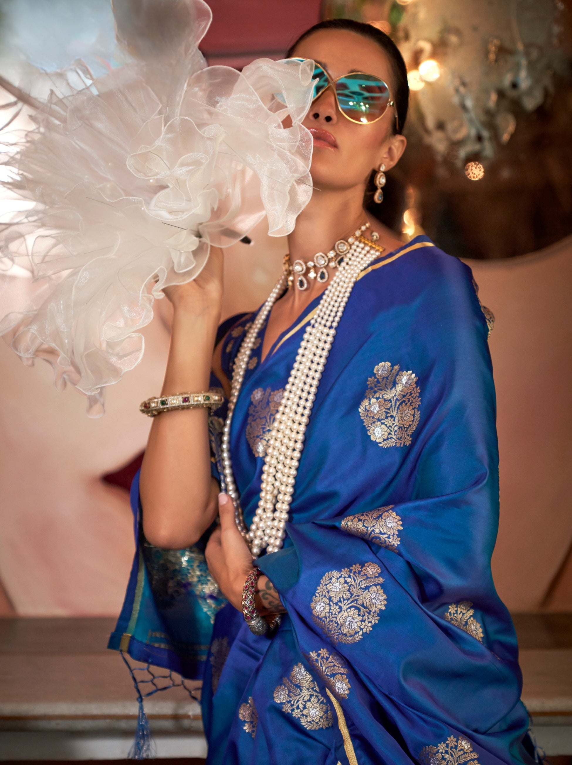 Sapphire Blue Ethnic Designer Satin Saree With Floral Motifs - TrendOye