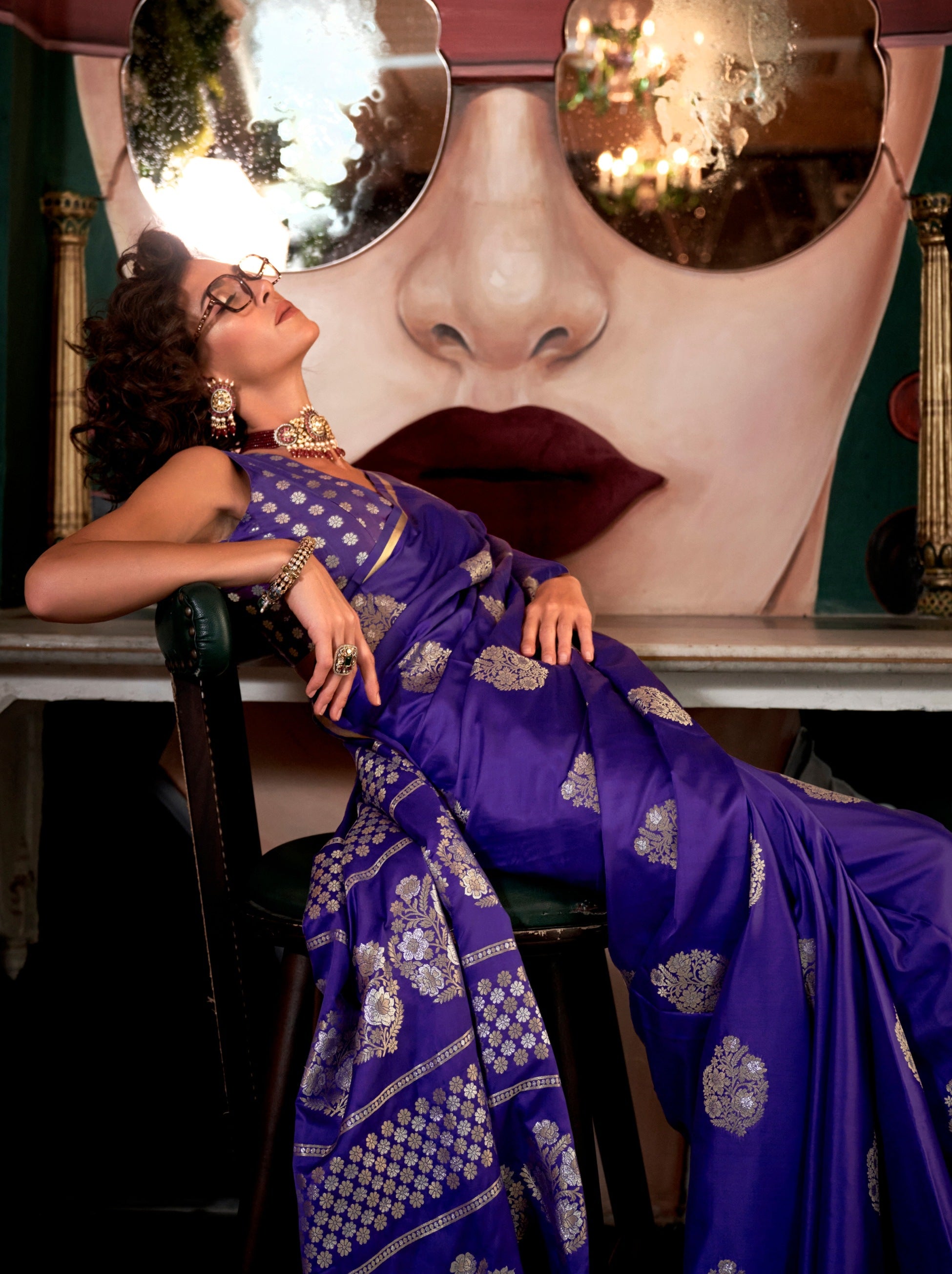Navy Blue Ethnic Designer Satin Saree With Floral Motifs - TrendOye