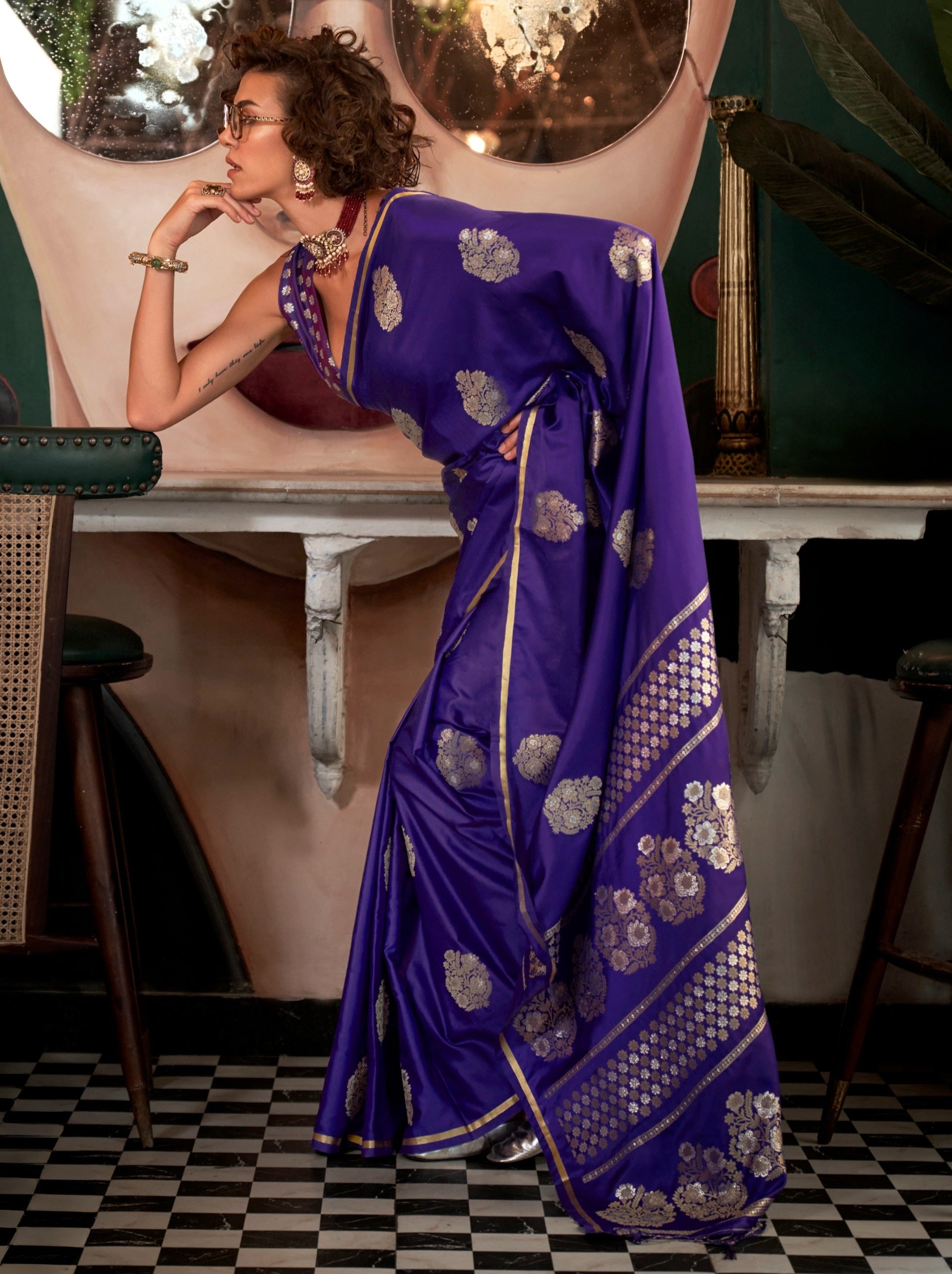 Navy Blue Ethnic Designer Satin Saree With Floral Motifs - TrendOye