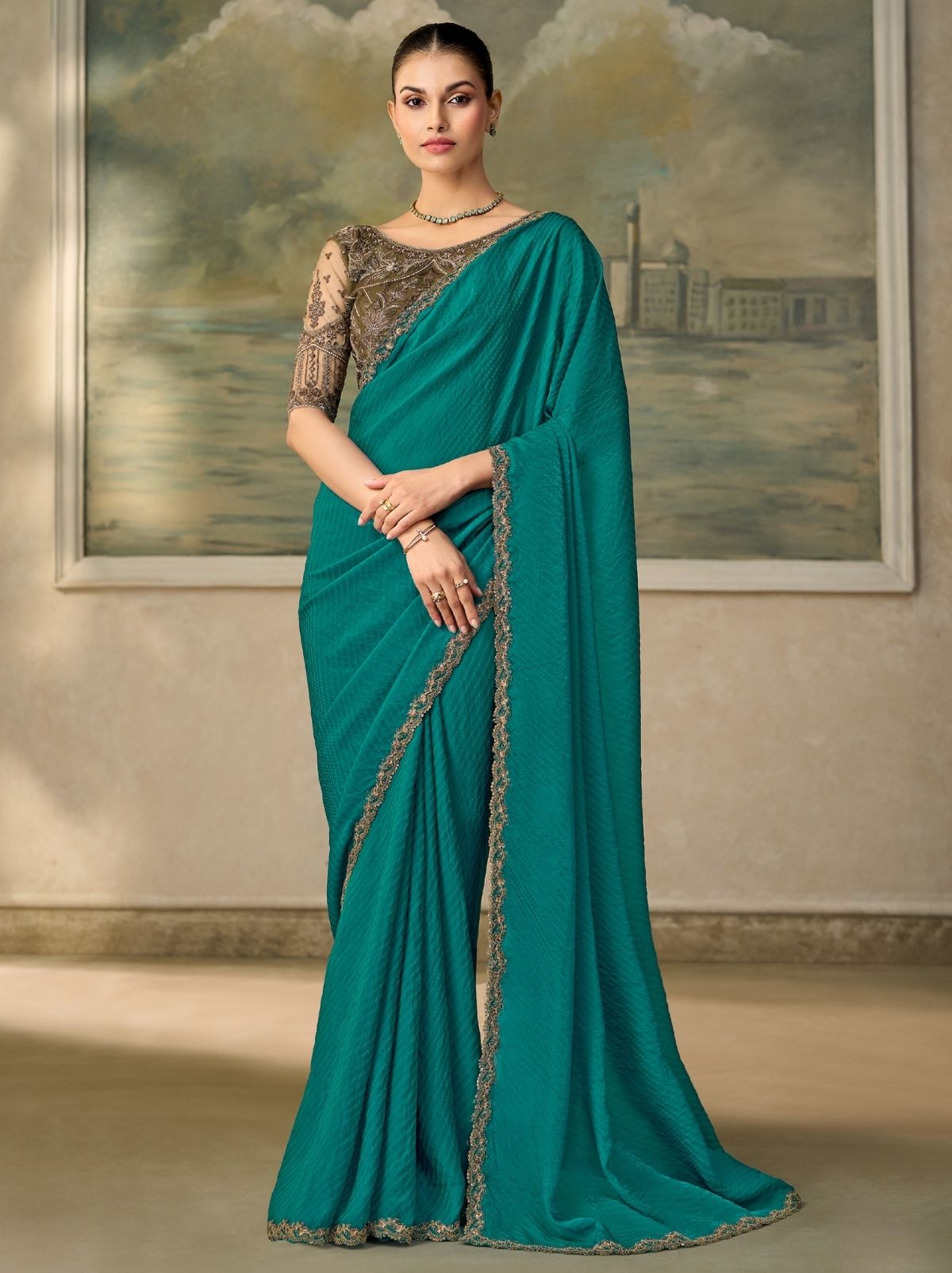 Teal Blue Regal Embroidered Saree with Blouse Piece
