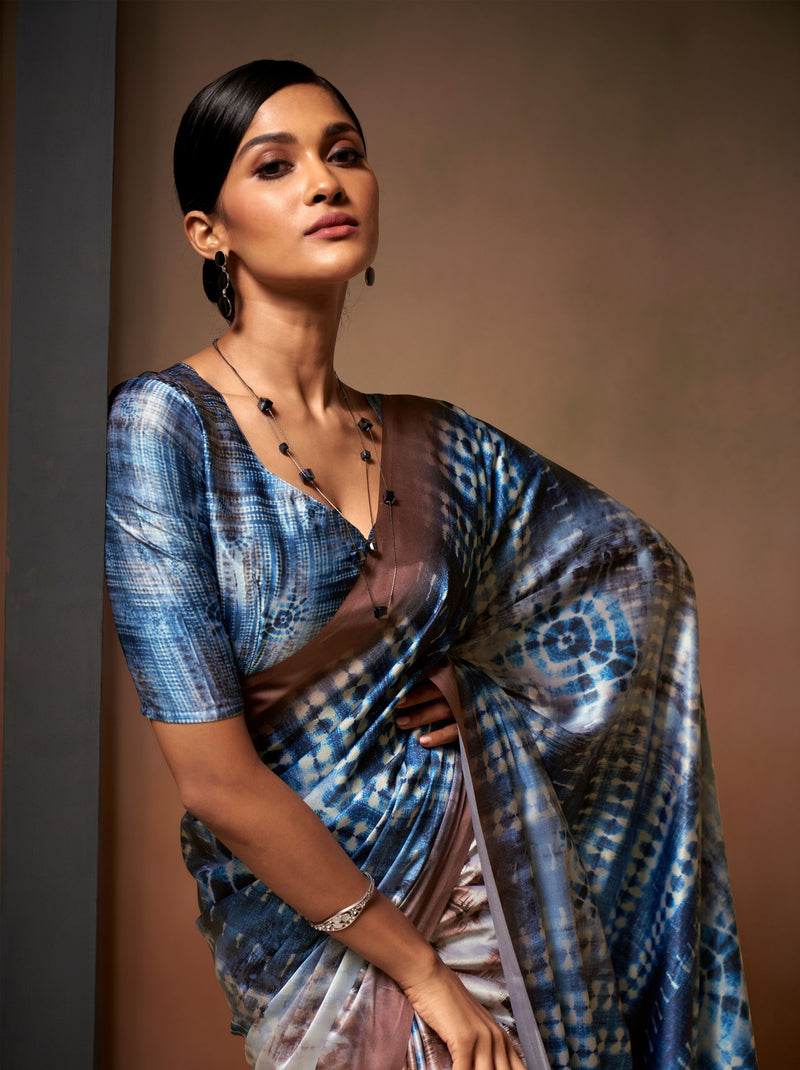 Sapphire Blue Satin Silk Designer Saree - TrendOye