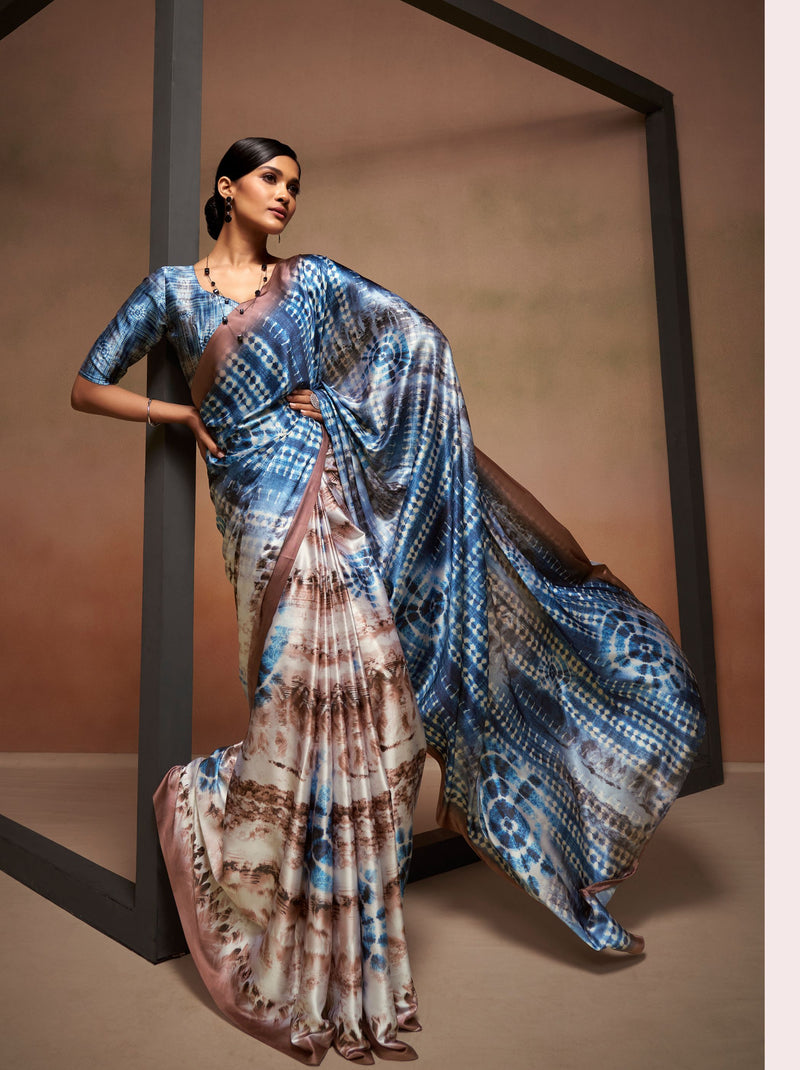 Sapphire Blue Satin Silk Designer Saree - TrendOye