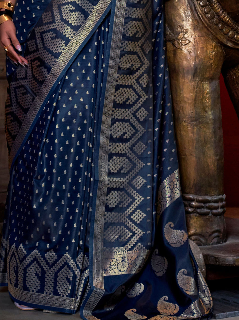 Space Blue Handwoven Satin Silk Designer Saree - TrendOye