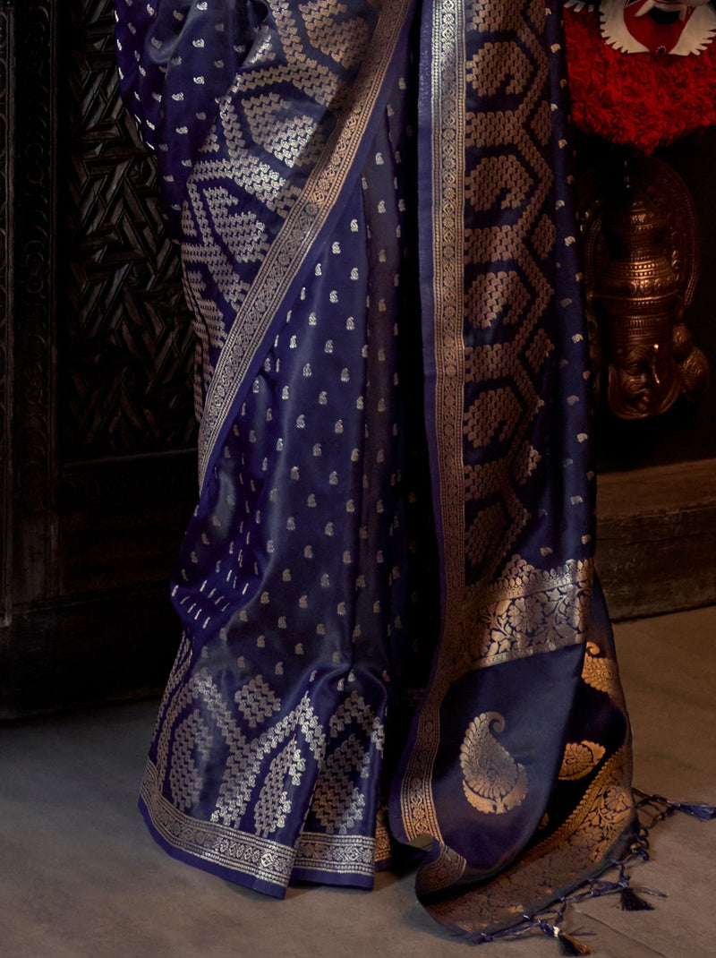 Denim Blue Handwoven Satin Silk Designer Saree - TrendOye