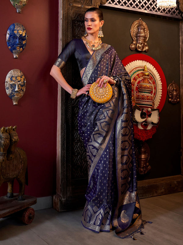 Denim Blue Handwoven Satin Silk Designer Saree - TrendOye