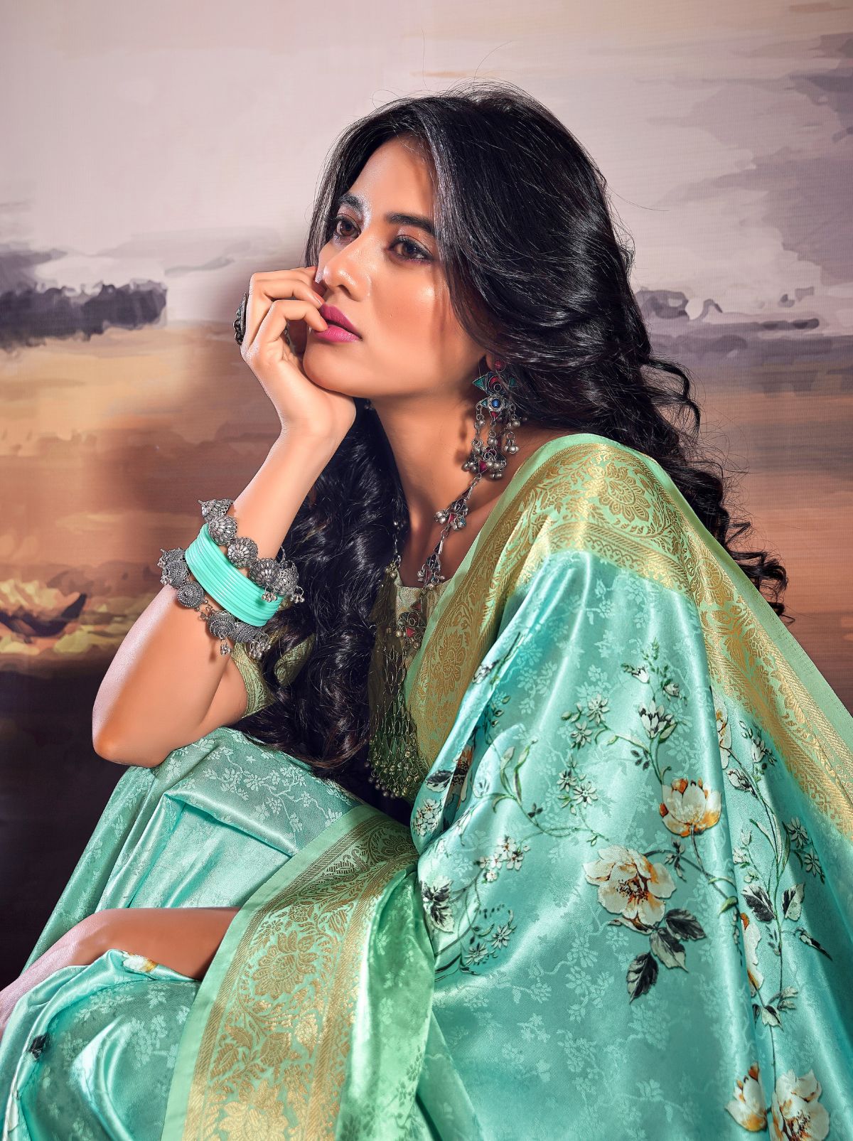 Turquoise Fine Satin Digital Silk Dual Tone Designer Saree - TrendOye