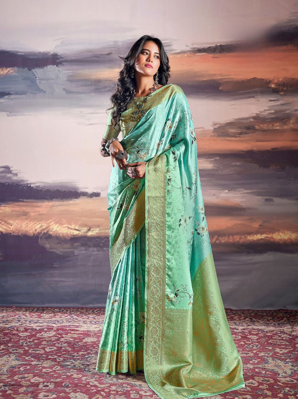 Turquoise Fine Satin Digital Silk Dual Tone Designer Saree - TrendOye