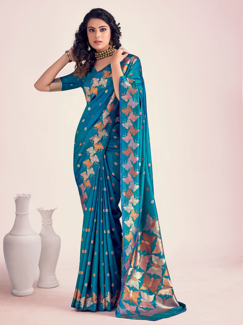 Olympic Blue Silk Designer Saree - TrendOye