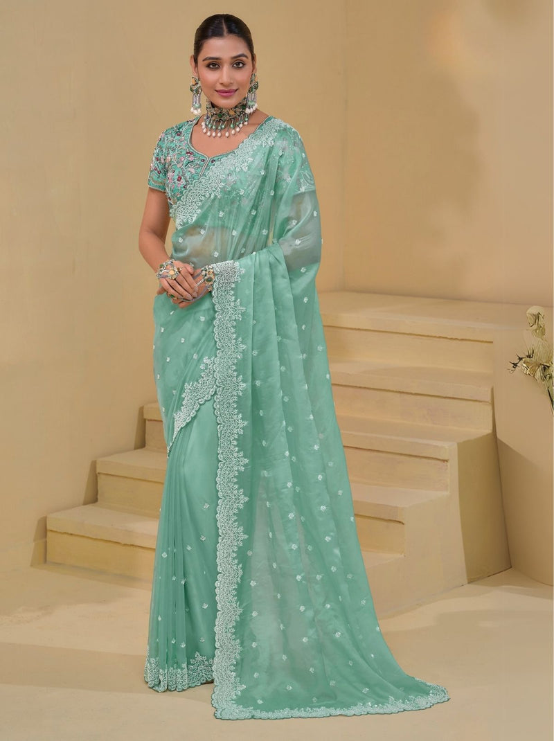 Sky Blue Premium Wedding Designer Saree - TrendOye