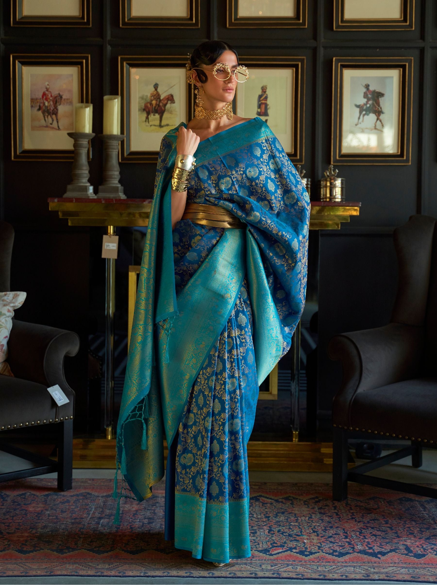 Yale Blue Soft Silk Handloom Weaving Party Saree - TrendOye