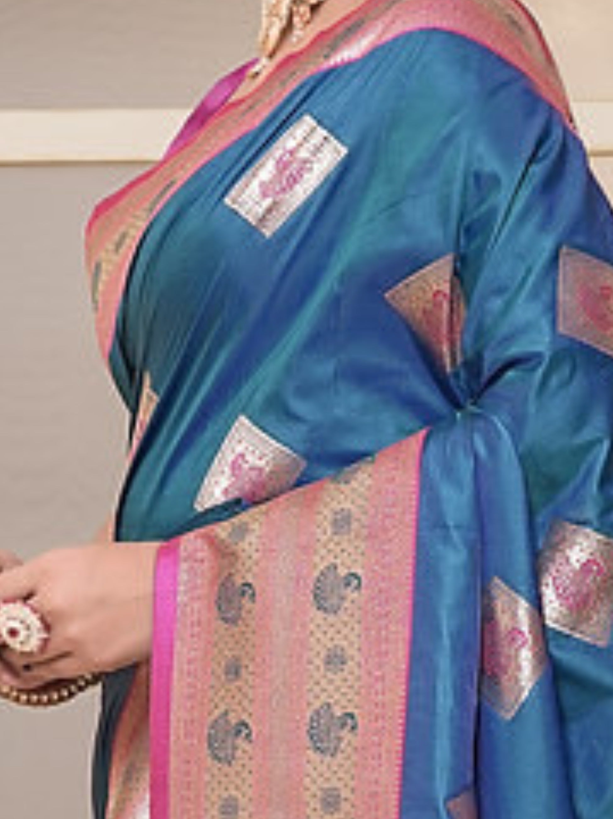 Sapphire Blue Soft Silk Paithani Saree With Contrast Blouse Piece