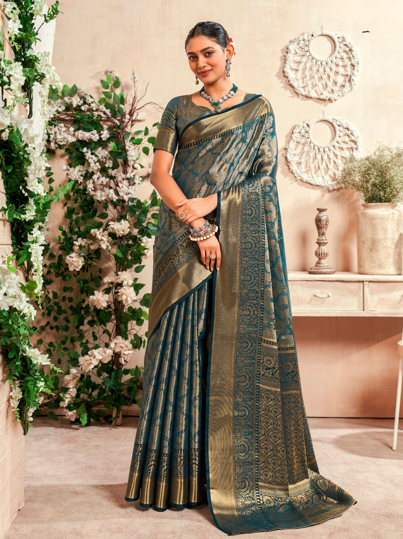Teal Blue Soft Silk Zari Weaving Wedding Saree