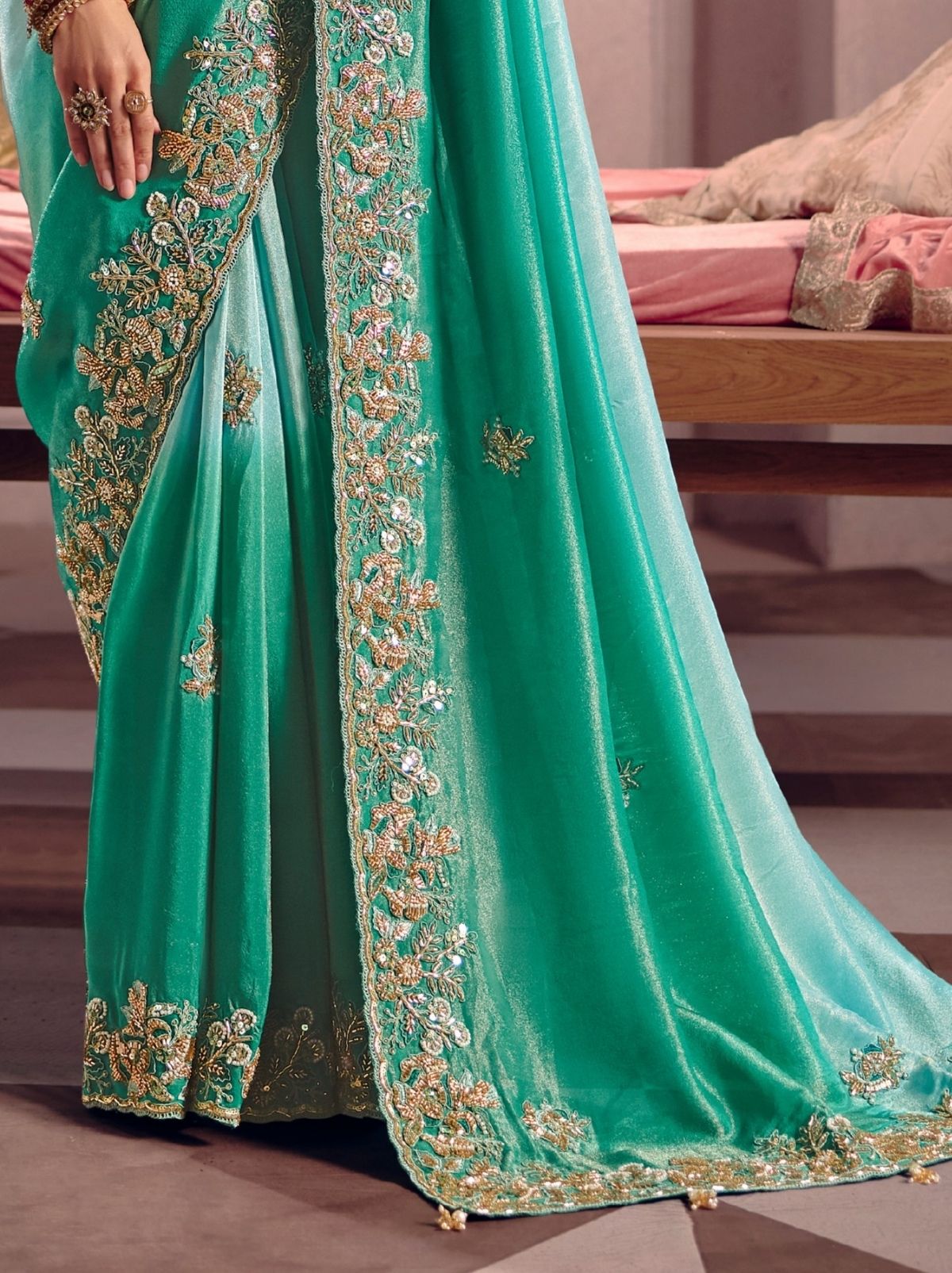 Turquoise Blue Tissue Silk Saree with Luxurious Zari & Embroidered Border