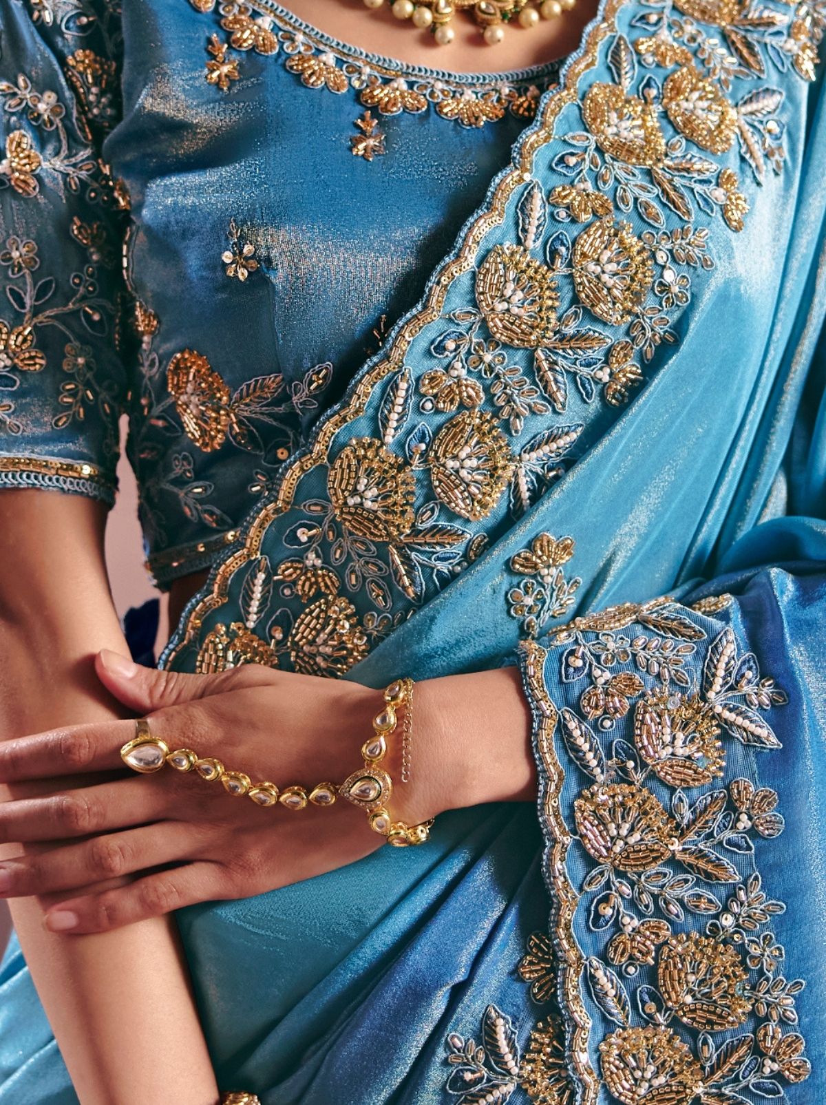 Azure Blue Tissue Silk Saree with Luxurious Zari & Embroidered Border