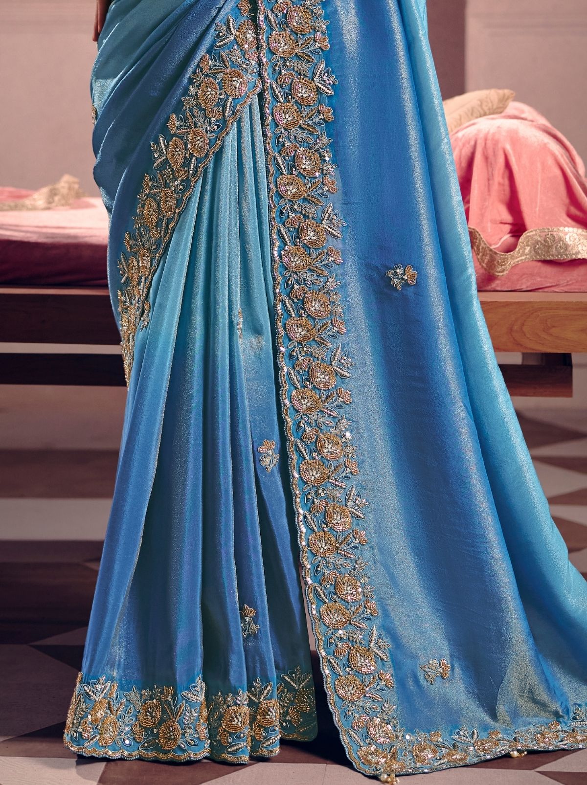 Azure Blue Tissue Silk Saree with Luxurious Zari & Embroidered Border