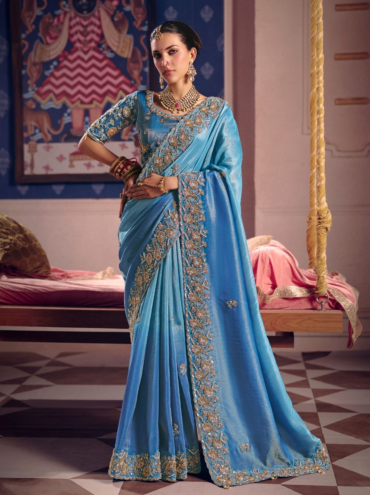Azure Blue Tissue Silk Saree with Luxurious Zari & Embroidered Border