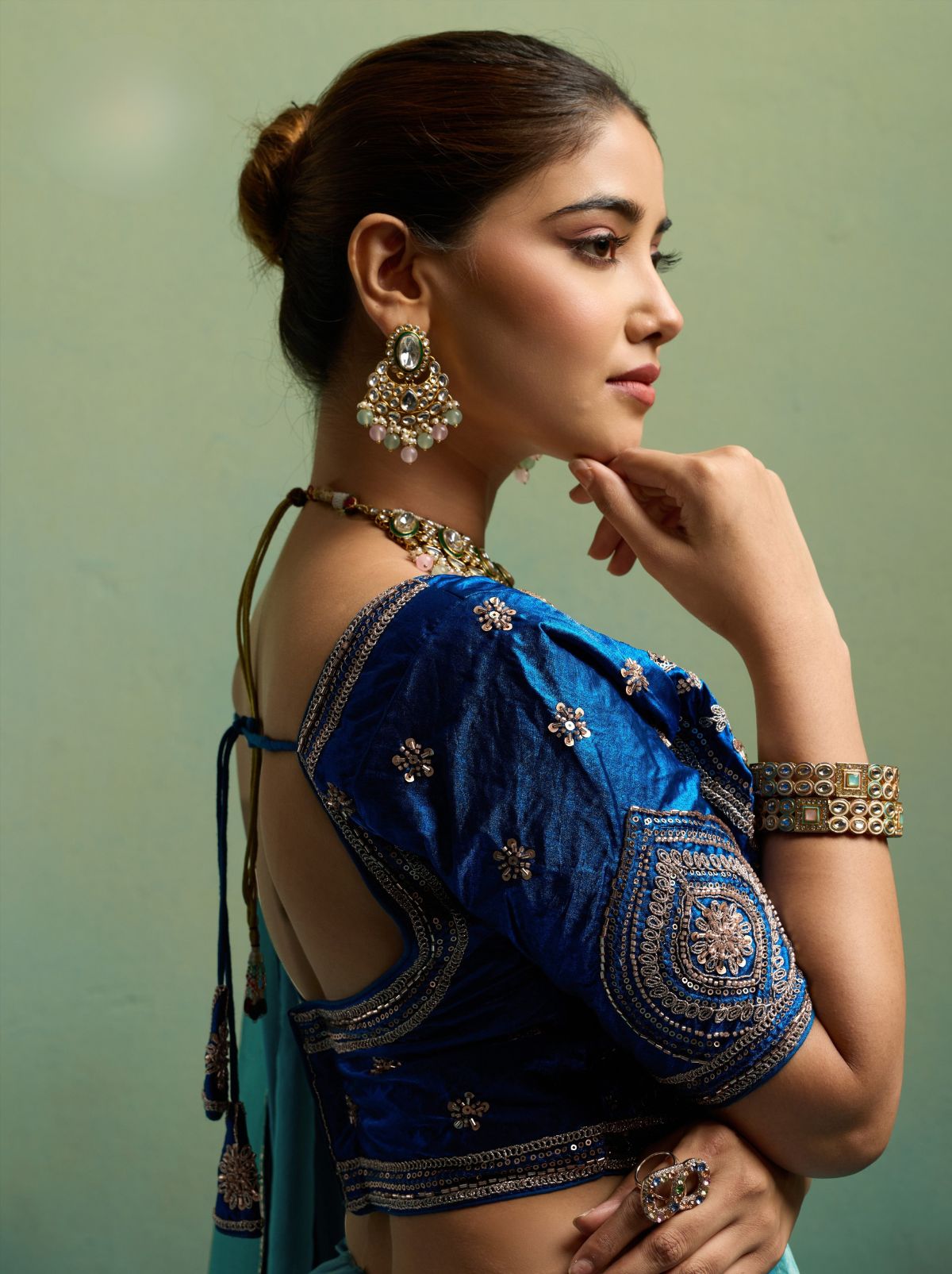Azure Blue Velvet Satin Celebration Saree with Heavy Blouse