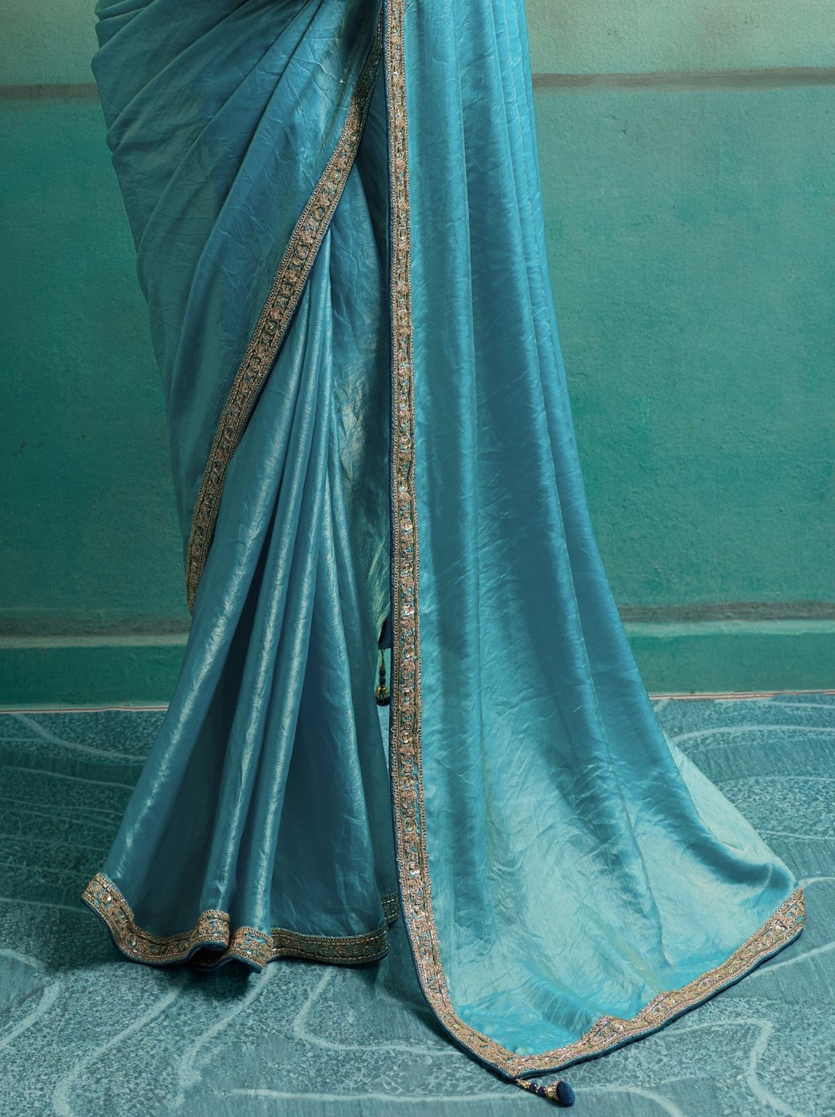 Azure Blue Velvet Satin Celebration Saree with Heavy Blouse
