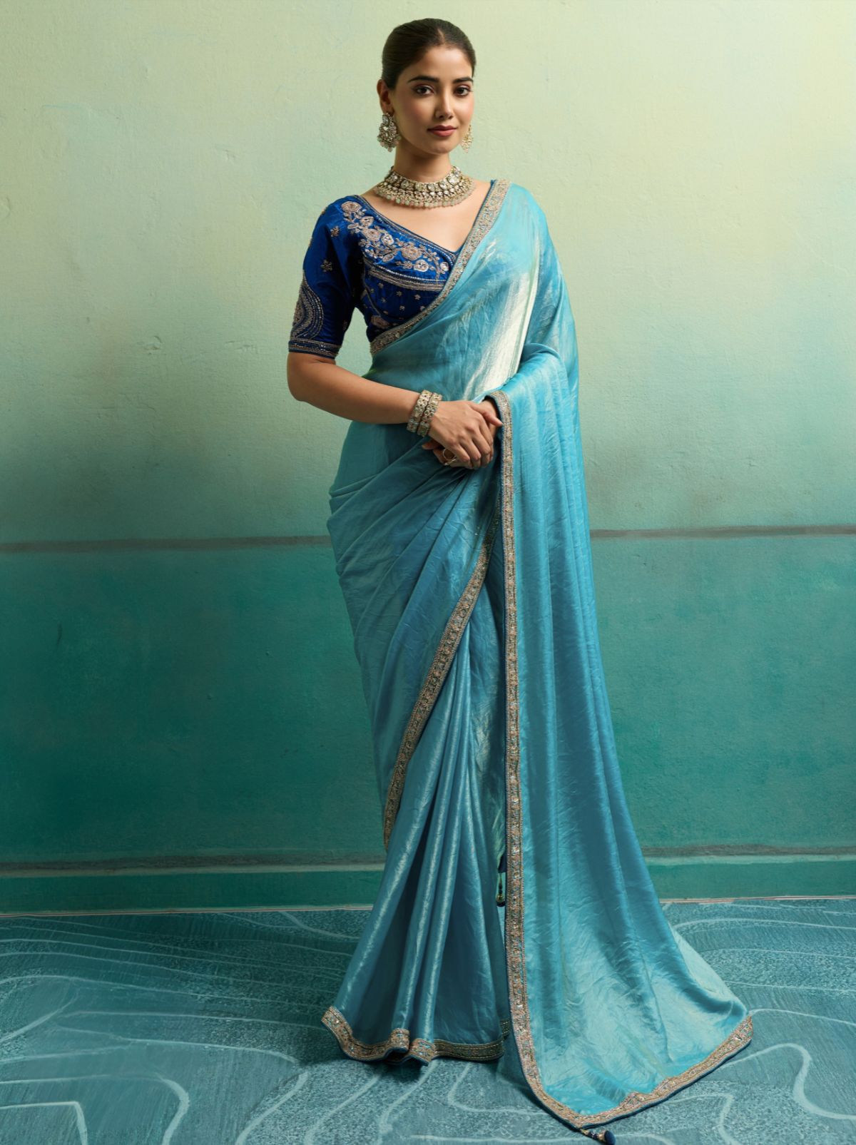 Azure Blue Velvet Satin Celebration Saree with Heavy Blouse
