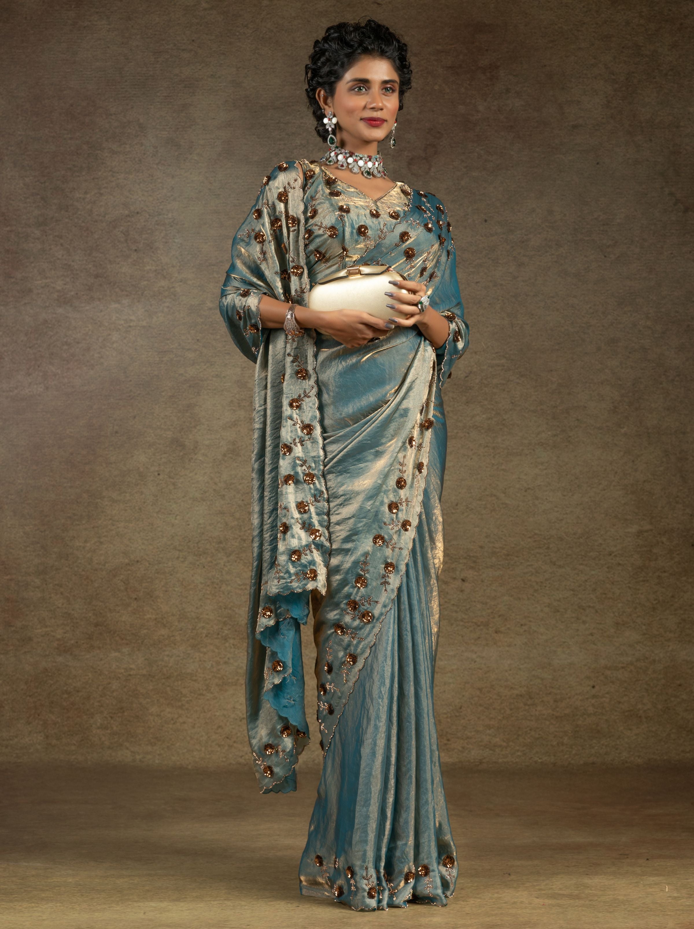 Air Force Blue Satin Silk Party Saree With Blouse Piece - TrendOye