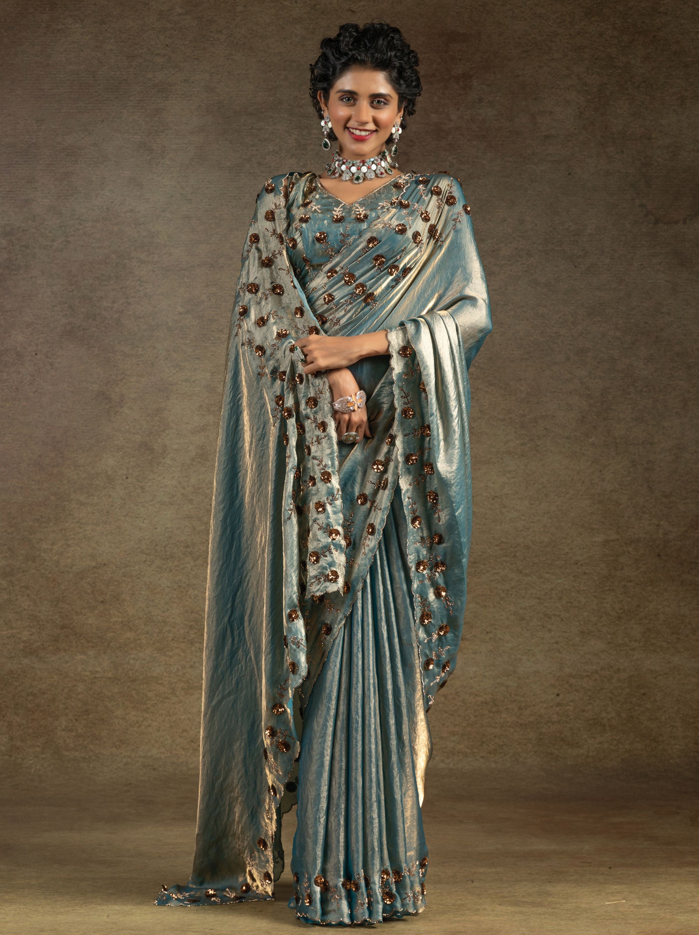 Air Force Blue Satin Silk Party Saree With Blouse Piece - TrendOye